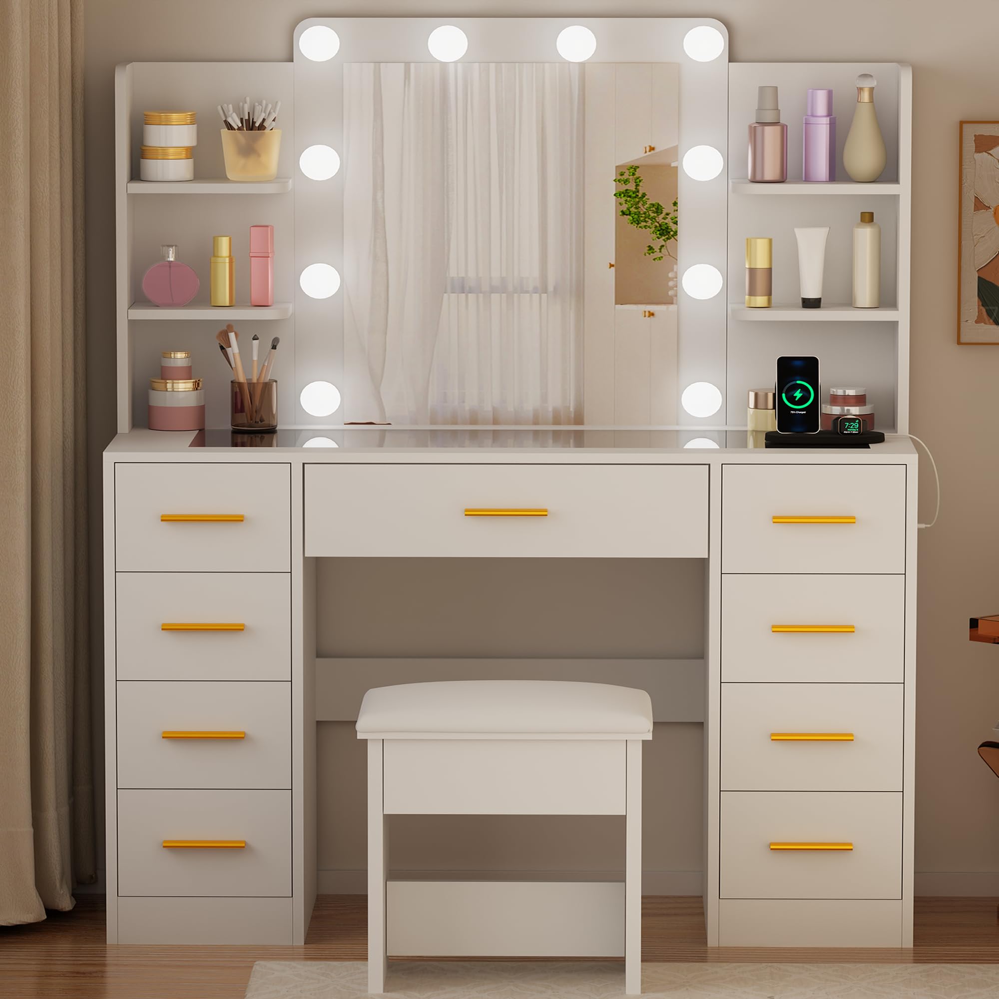 Vanity Desk with Mirror, Lights & Stool