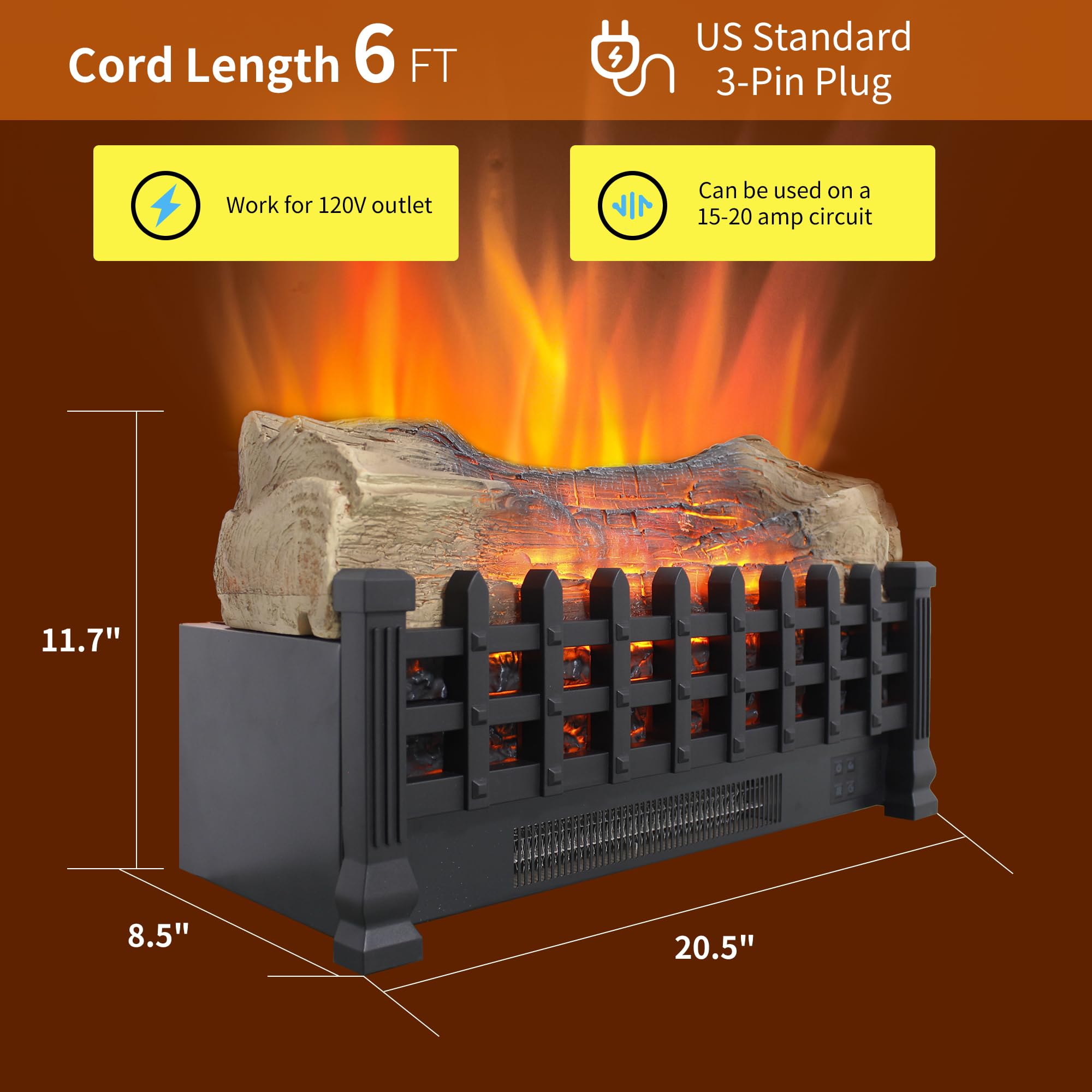Innoflame 21" Electric Fireplace Log Set, Fireplace Insert with Realistic Flame, Adjustable Flame Brightness, Thermostat, 9H Timer, Remote Control, Overheating Protection, 1400W