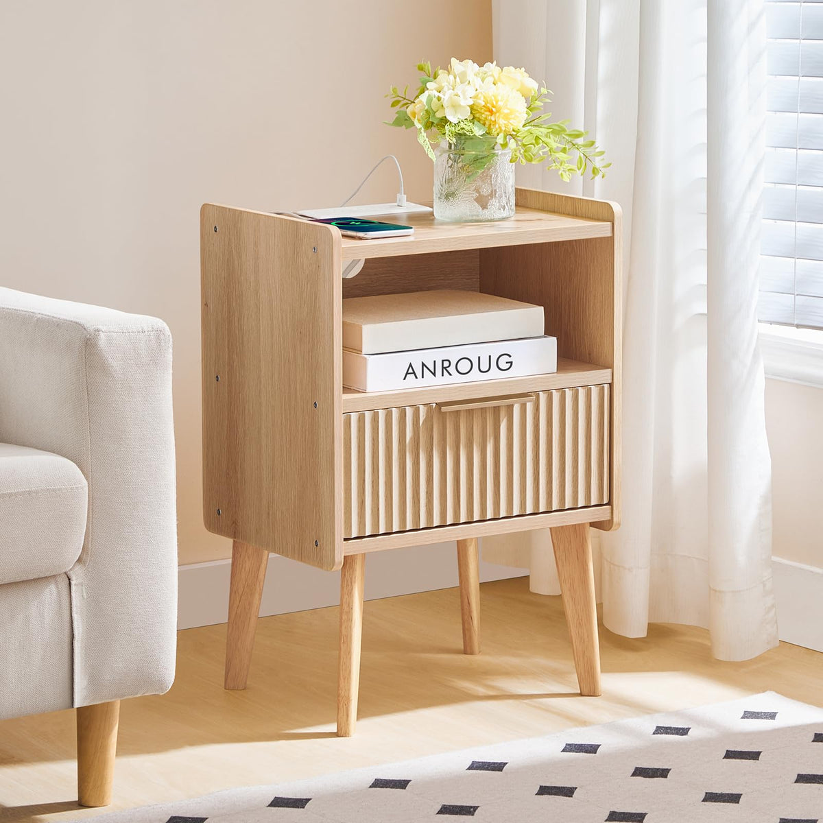 MAHANCRIS Natural Nightstand with Charging Station, Modern Fluted End Table