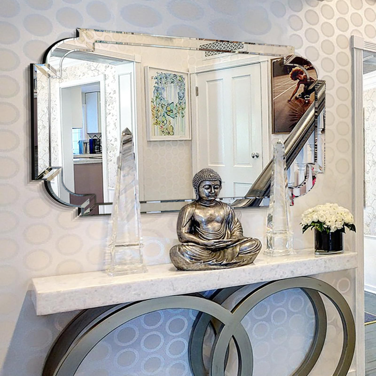 Chende Large Full Length Mirror, 59''x30'' Frameless Beveled Mirrors for Bathroom Vanity, Modern Decorative Mirror with Scalloped Glass Frame for Living Room, Dining Room, Entryway