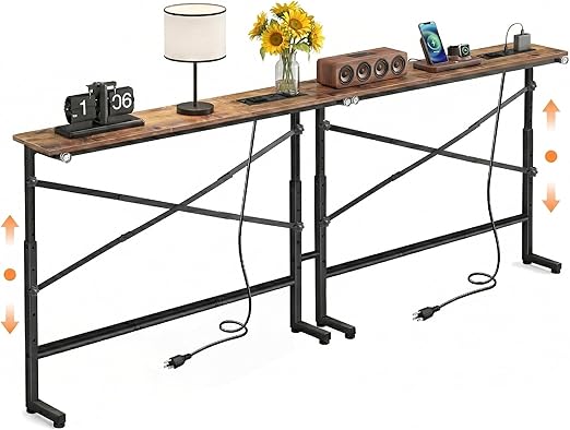 Tademis 78.8inch Adjustable Height Narrow Sofa Side Table with 2 Power Outlets, Couch Behind Table for Small Space, Hallway, Entryway, Bedside, Bedroom, Stable, Easy to Assemble & Clean(Rustic Brown)