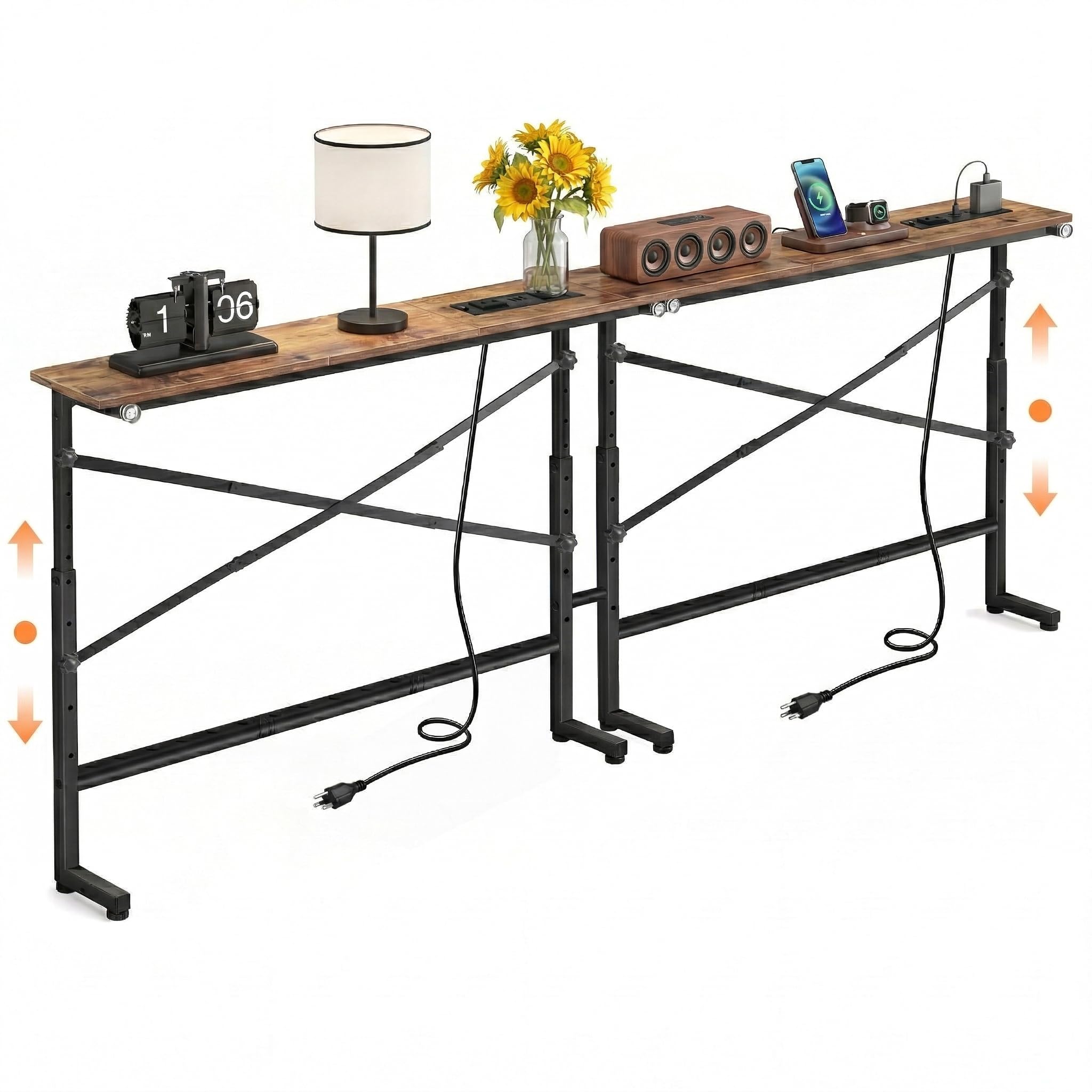 Tademis 78.8inch Adjustable Height Narrow Sofa Side Table with 2 Power Outlets, Couch Behind Table for Small Space, Hallway, Entryway, Bedside, Bedroom, Stable, Easy to Assemble & Clean(Rustic Brown)