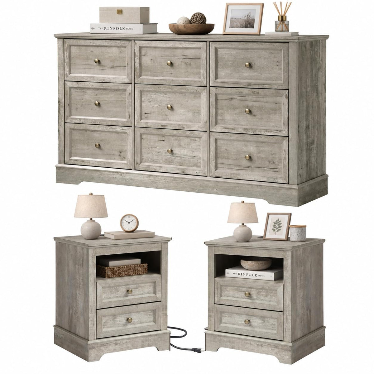 LOUVIXA Farmhouse Bedroom Sets of 3, Including 9 Drawer Dresser, Nightstand Set of 2 with Charging Station (Grey Sets)