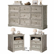 LOUVIXA Farmhouse Bedroom Sets of 3, Including 9 Drawer Dresser, Nightstand Set of 2 with Charging Station (Grey Sets)
