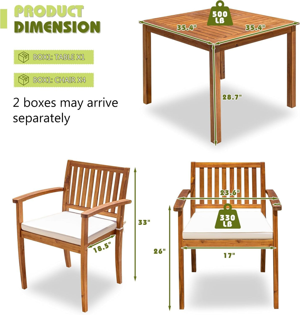Flamaker 5 Pieces Outdoor Dining Set Acacia Wood Outdoor Table and Chairs