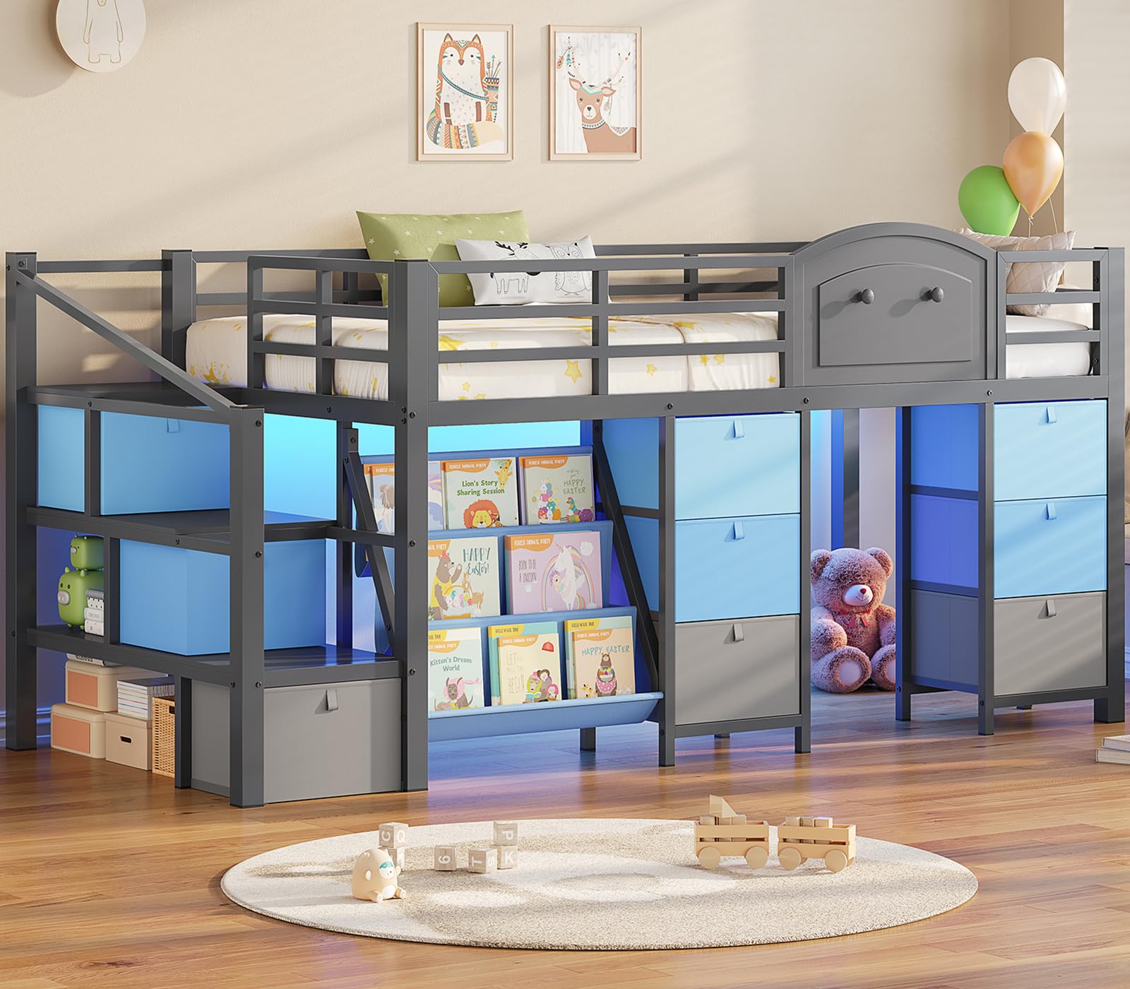 Kids Low Loft Bed Twin with Storage Drawers, LED Lights & Playhouse