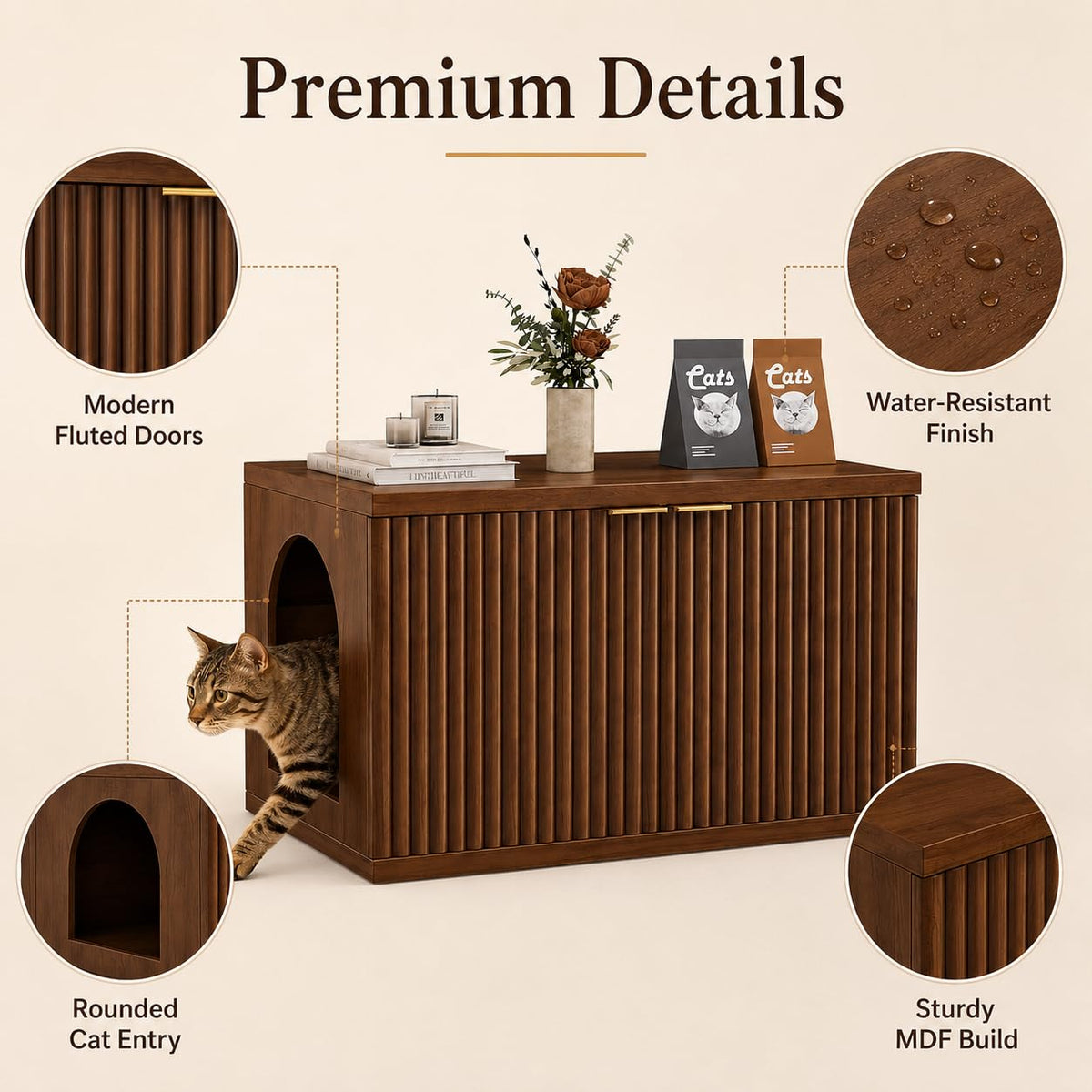 Homhedy Cat Litter Box Enclosure,Modern Fluted Accent,Reddish Brown