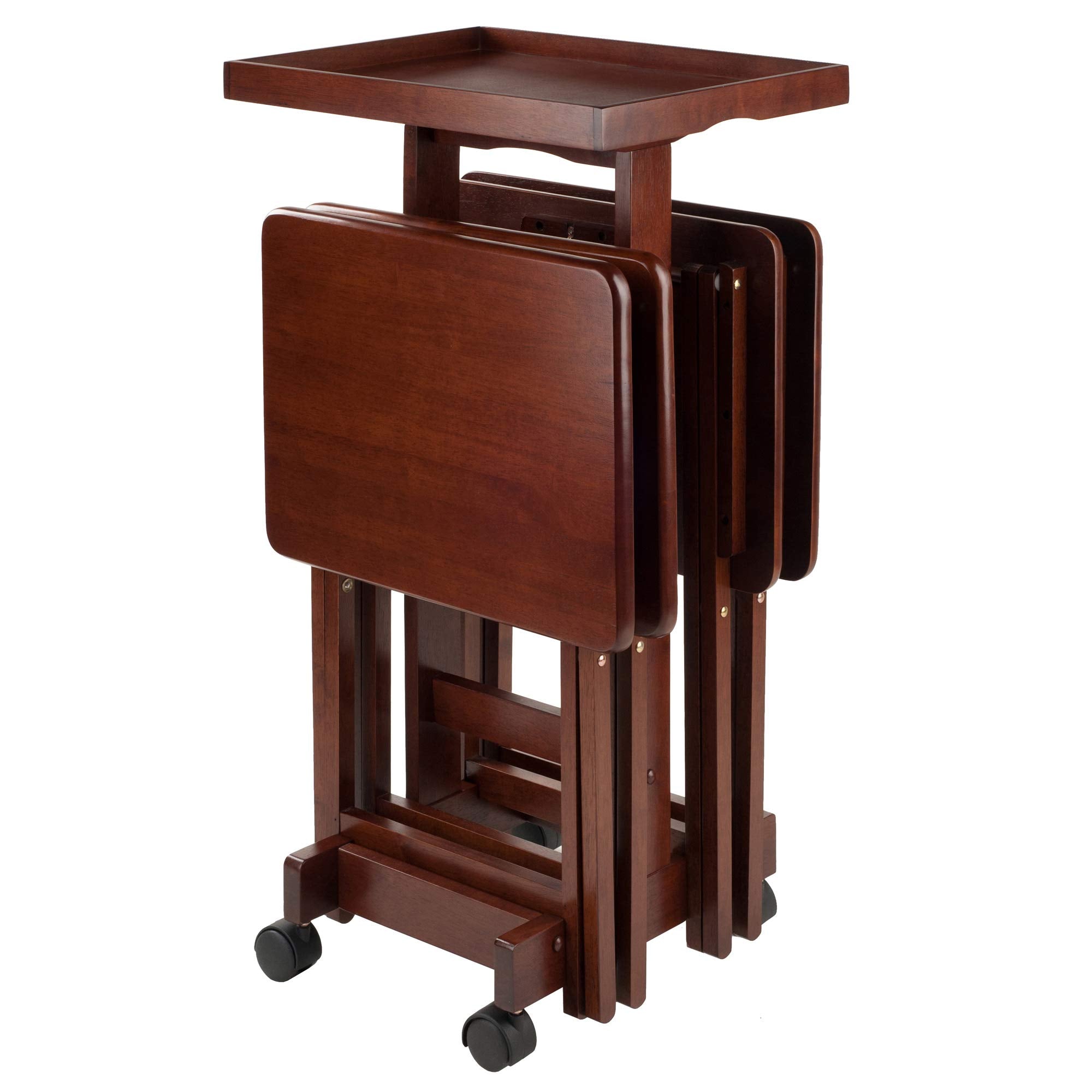 5-Piece Solid Wood Snack Table Set with Rolling Stand
