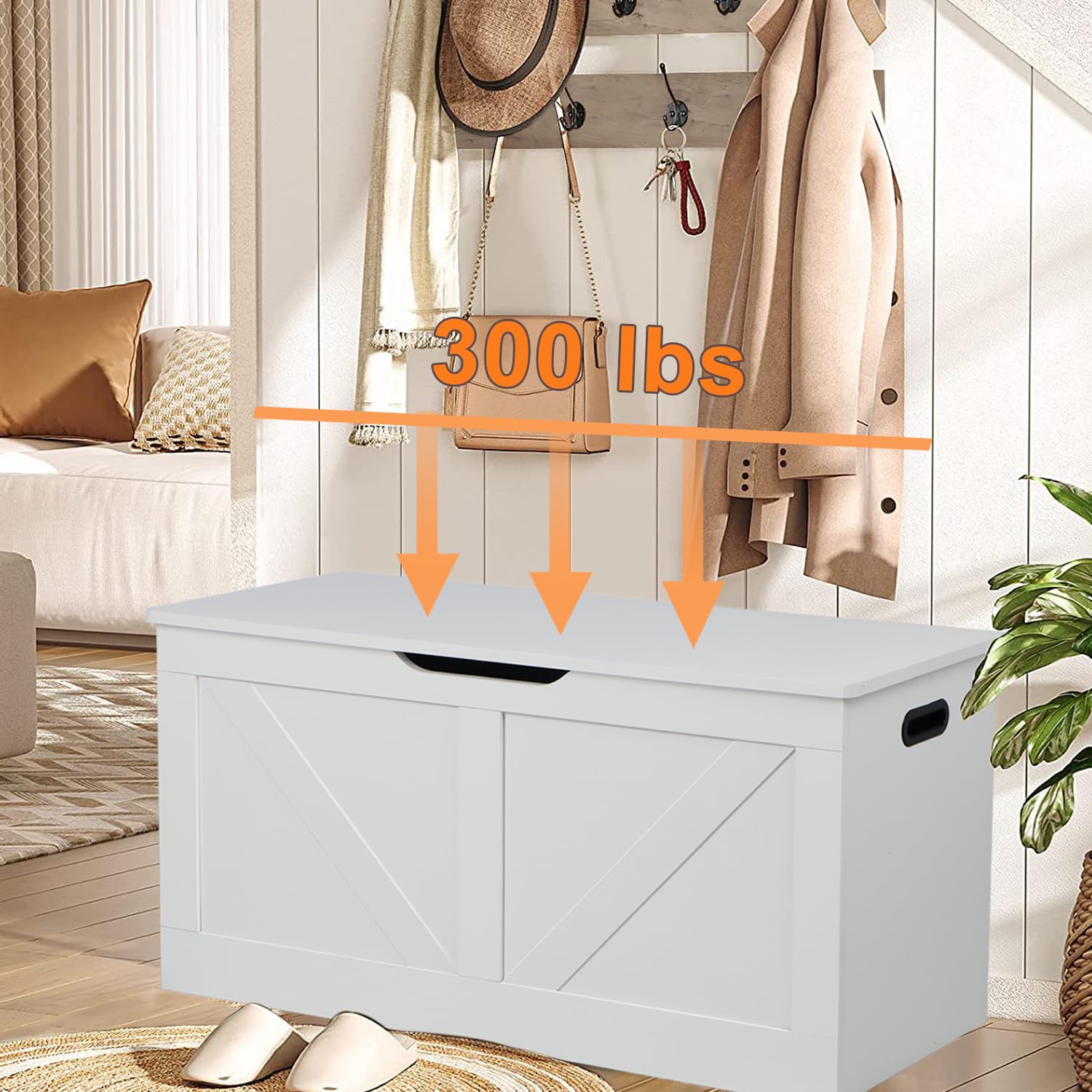 Timberer 39.4" Storage Chest, Wooden Storage Bench, Large Storage Trunk with 2 Safety Hinges, Entryway Shoes Bench for Living Room, Bedroom, White
