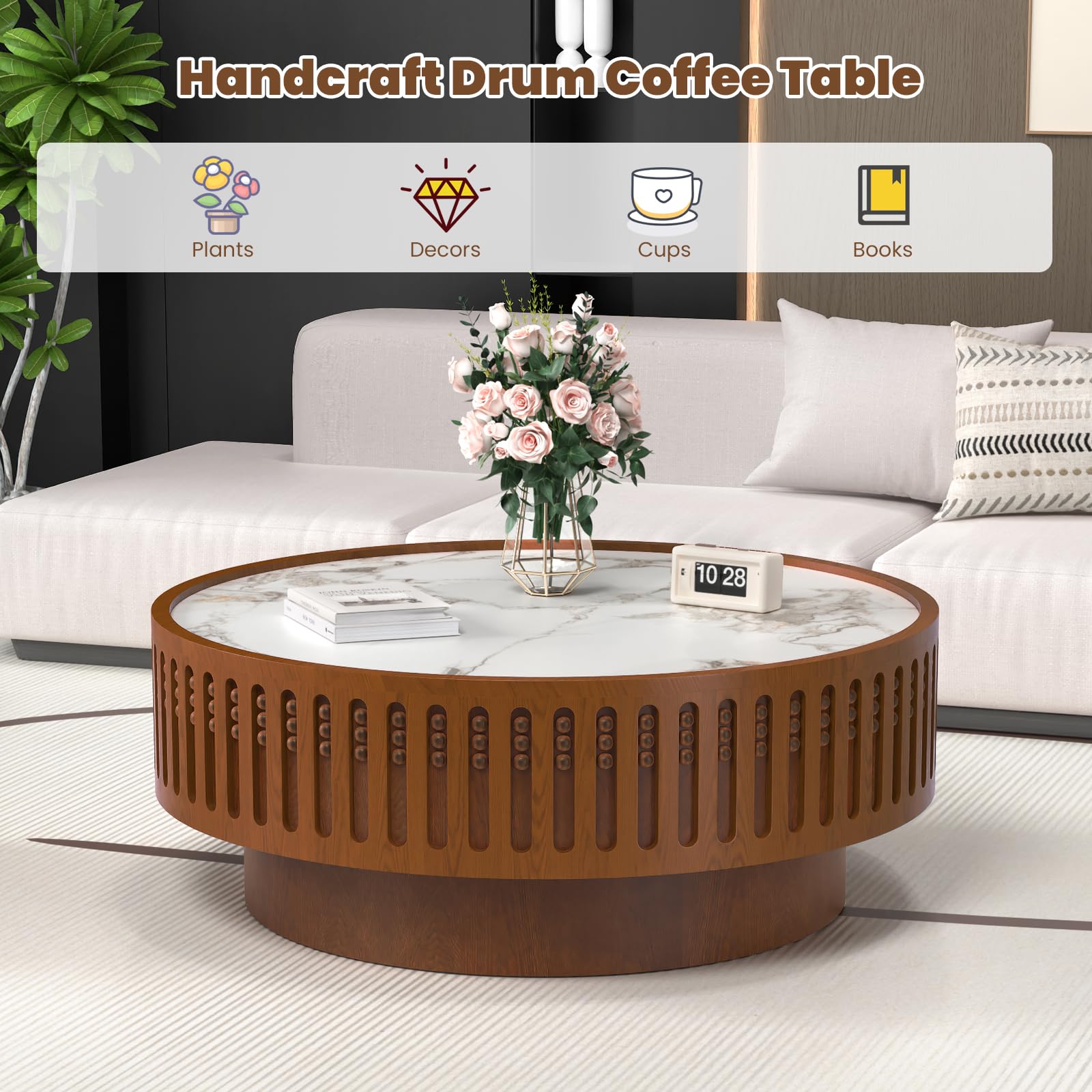 JHKZUDG 35.4" Round Coffee Table with Sintered Stone Tabletop, Wooden Fluted Coffees Table, Circle Accent Center Table for Living Room Apartment Office Small Space (35.4" Coffee Table)