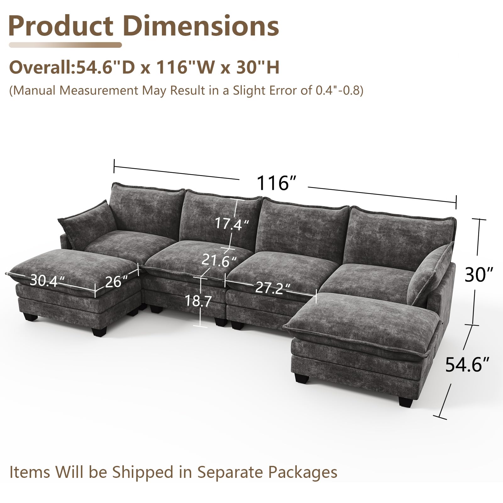 Hawarida Modular Sectional U Shaped Sofa Couches for Living Room, Cloud Couch with Movable Ottoman, Comfy Chenille Sofa with Pillow for Bedroom and Apartment, Dark Grey