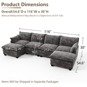 Hawarida Modular Sectional U Shaped Sofa Couches for Living Room, Cloud Couch with Movable Ottoman, Comfy Chenille Sofa with Pillow for Bedroom and Apartment, Dark Grey