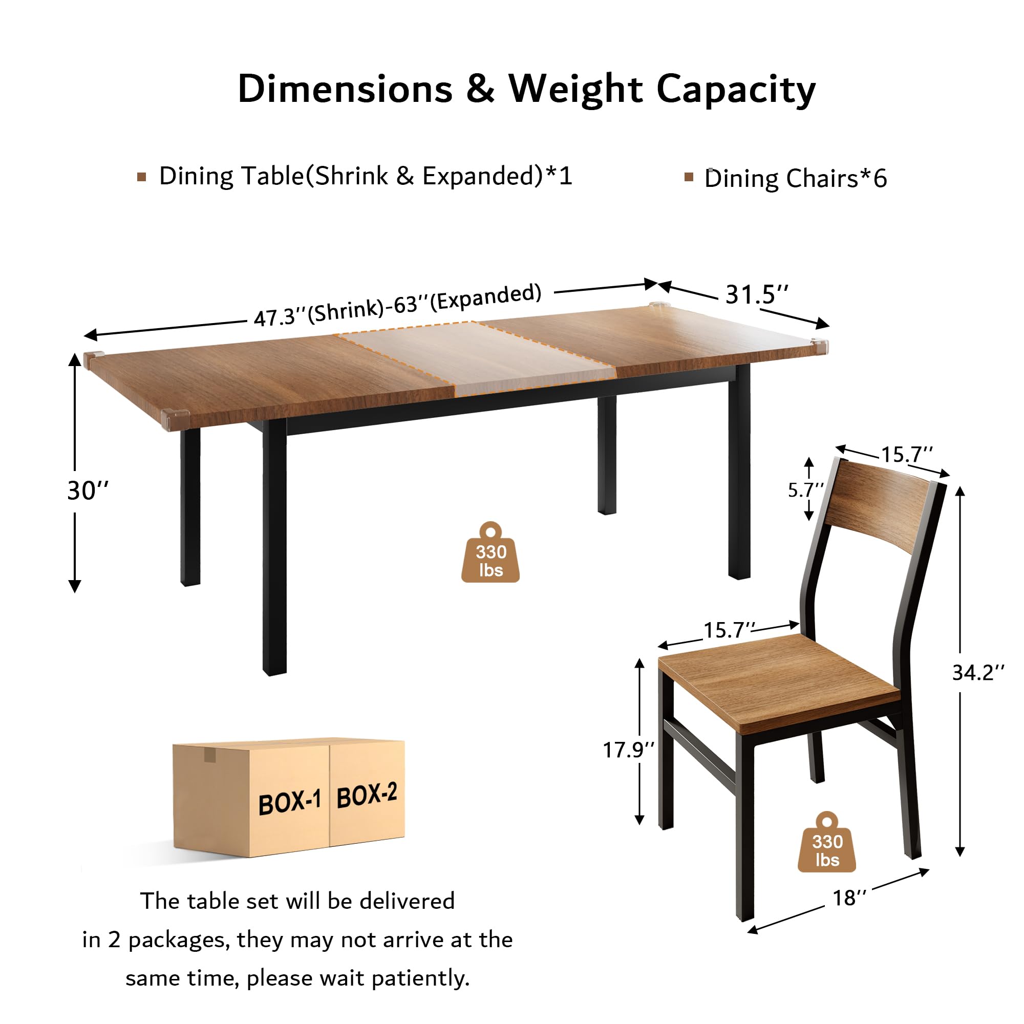 iPormis 7-Piece Dining Table Set with 6 Chairs, 63" Extendable Kitchen Table & Chairs Set for 4-6, Dining RoomTable with Solid Metal Frame & MDF Board, Perfect for Small Space, Easy Assembly, Walnut