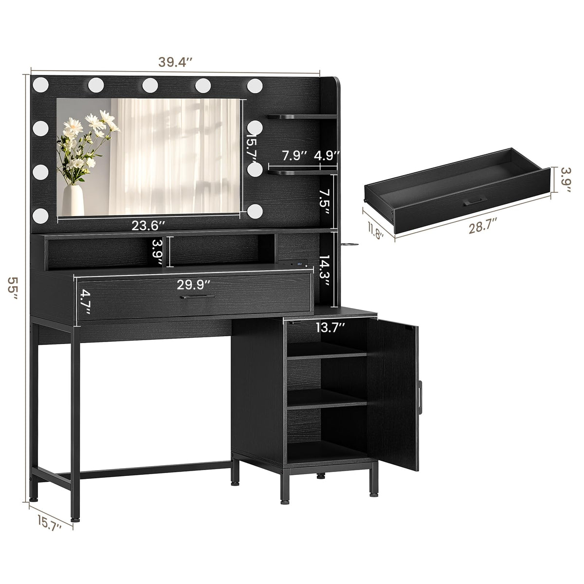 Driftalia Makeup Vanity Desk with Lighted Mirror & Power Outlets, Black