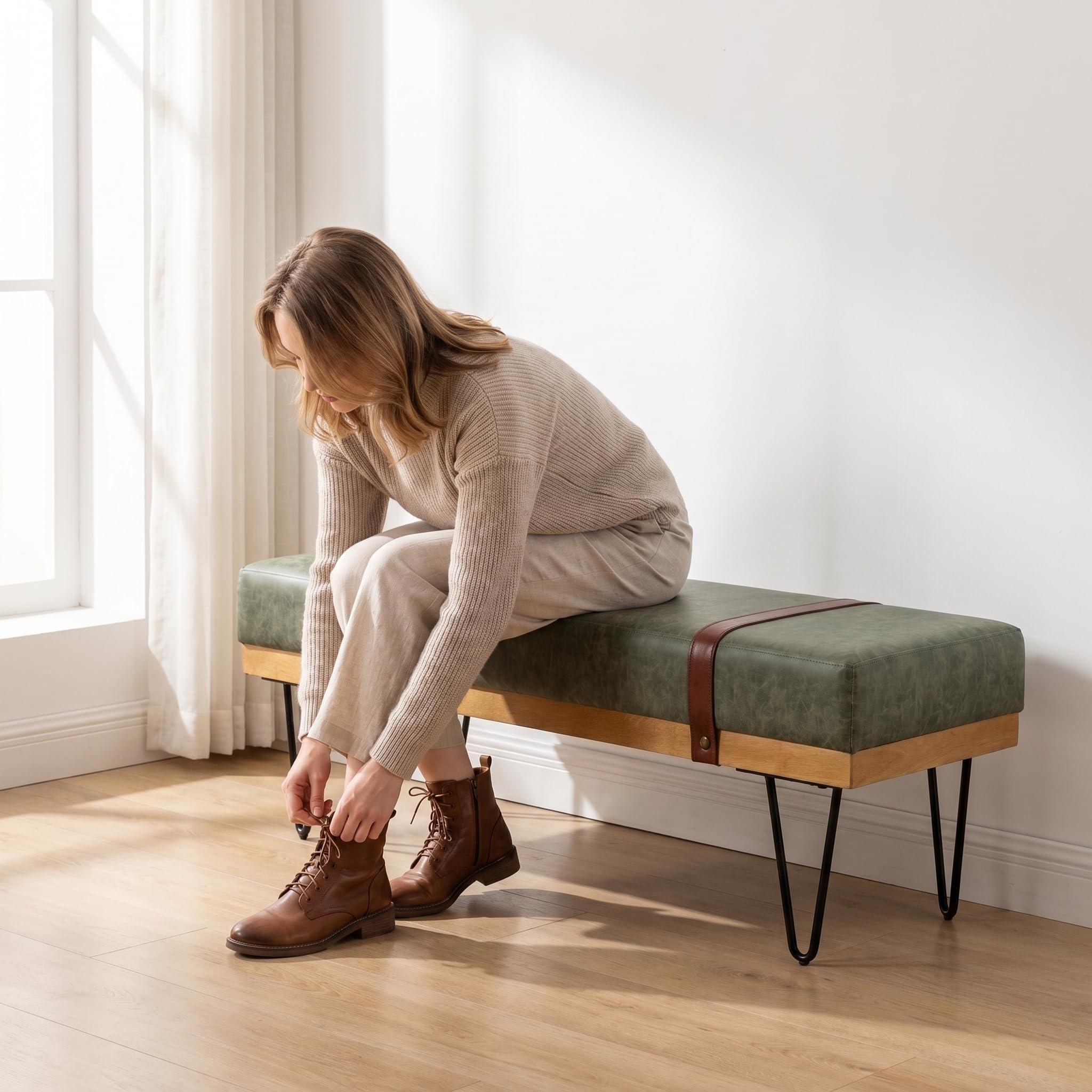 PU Leather Ottoman Bench with Metal Legs