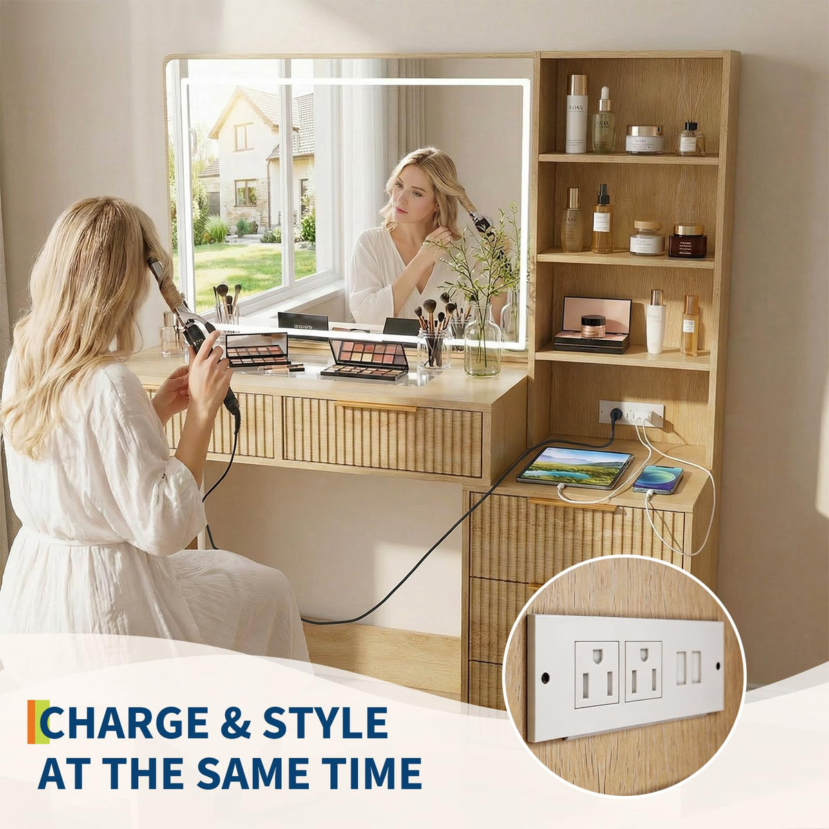 LED Mirror Makeup Vanity with Charging Station