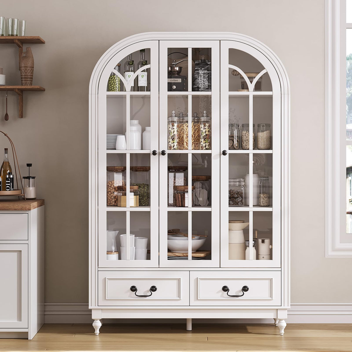 LIVAUVEAD 67" Tall Arched Kitchen Pantry, Large Farmhouse Storage Cabinet