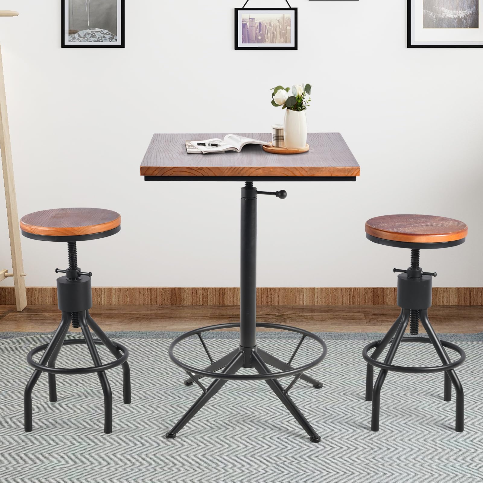 Industrial Bar Table & 2 Swivel Stools Set