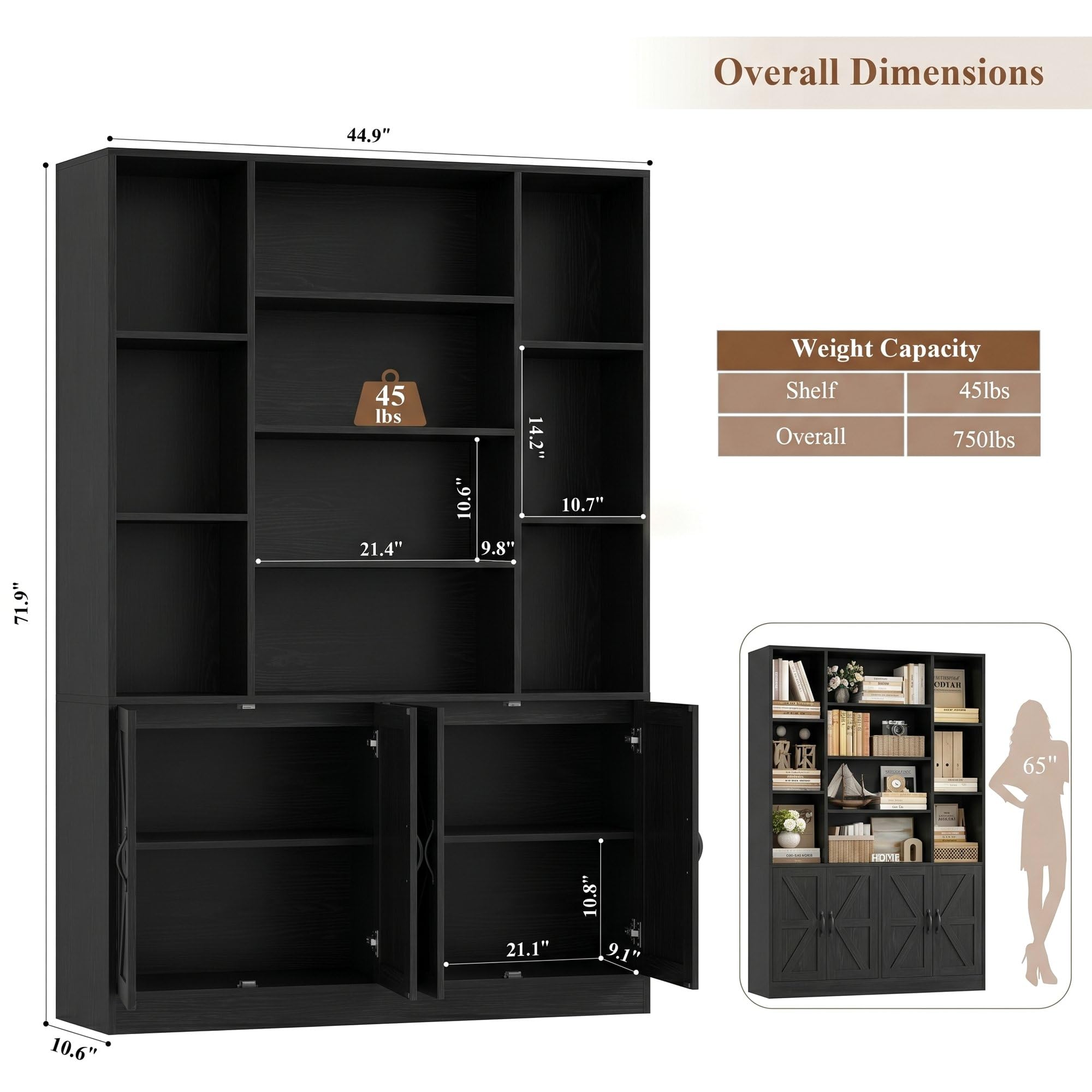 HOSTACK 72” Tall Book Shelf and Bookcase, White Bookshelf with Storage Cabinet, 45” Wide Bookcase with 4 doors, Standing Display Shelves, Modern Farmhouse Book Case for Living Room, Home Office, Black