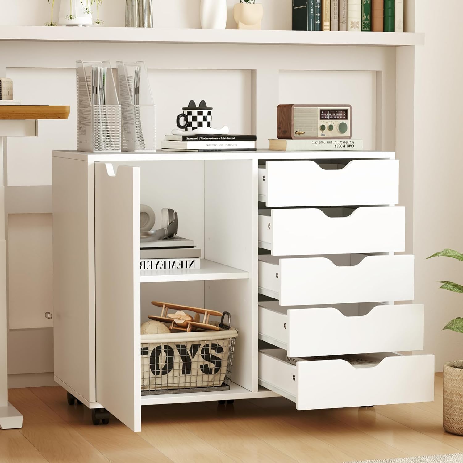 5-Drawer Storage Cabinet with Wheels & Adjustable Shelf
