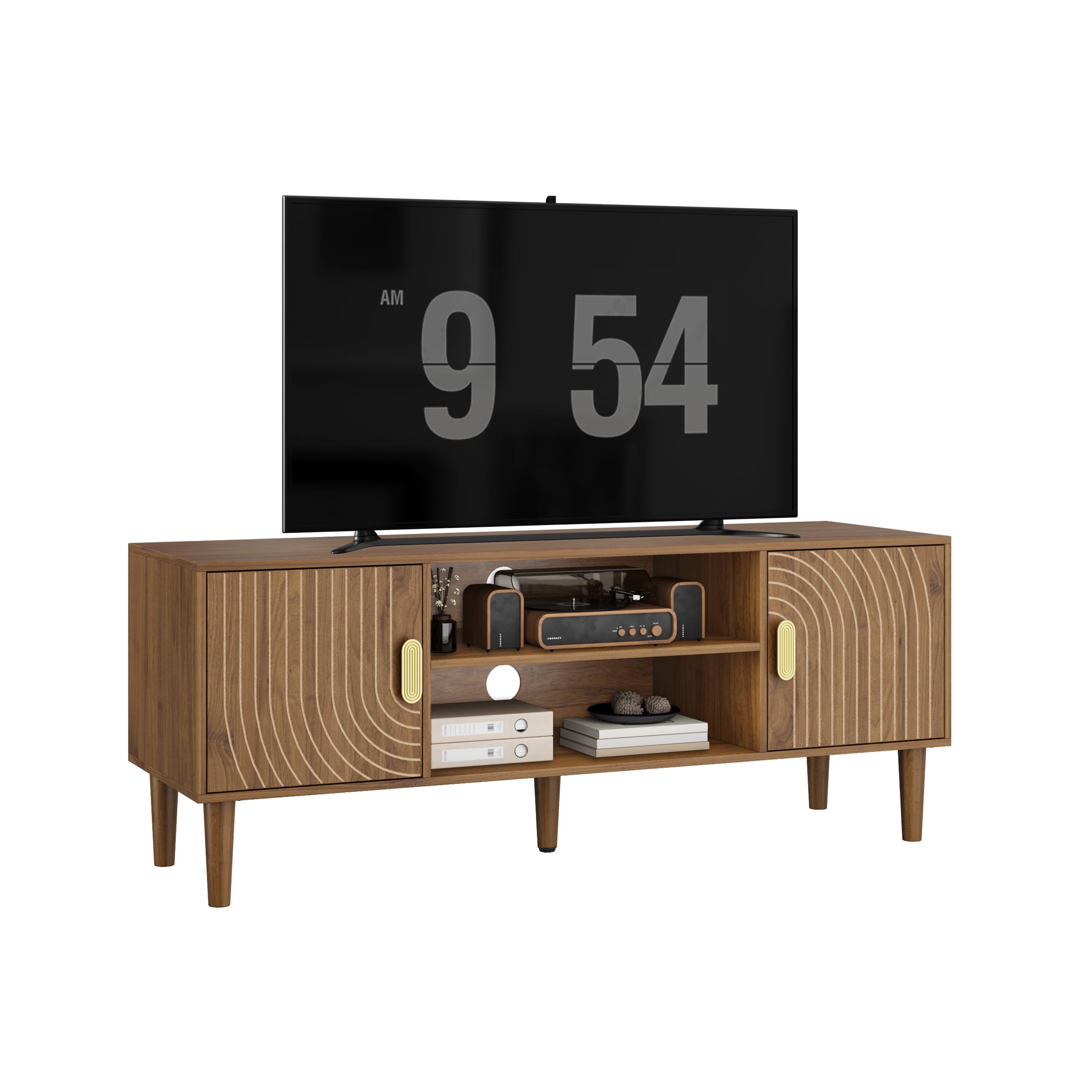 Smuxee Walnut TV Stand with Line Groove Design, 47.2" Mid Century Modern TV Media Console for TVs up to 55", TV Cabinet with Adjustable Shelf & 2 Cabinets for Living Room