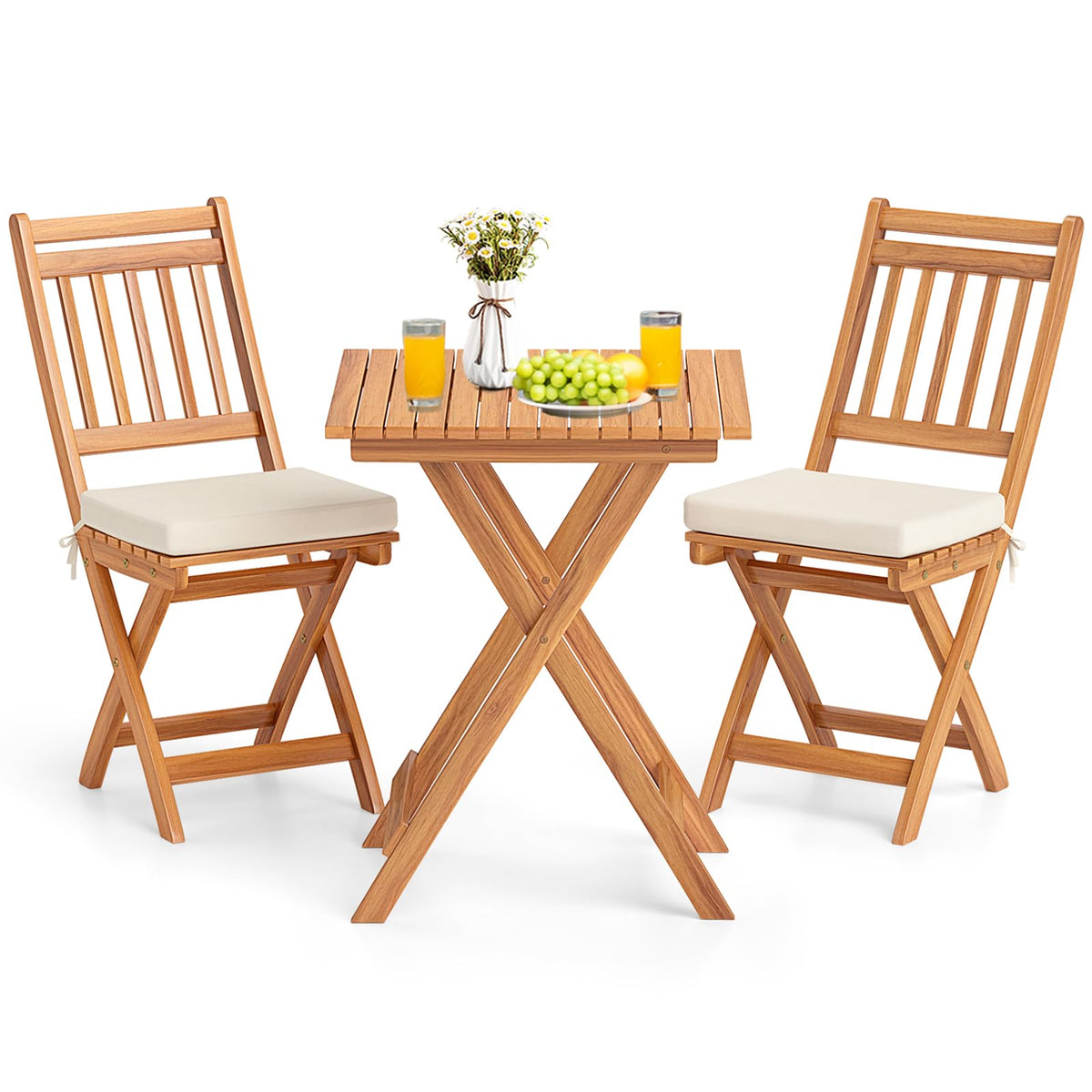 KOTEK Outdoor Folding Bistro Set, 3 Pieces Acacia Wood Bistro Set with Soft Cushions, Patio Bistro Table and Chairs for Backyard, Porch, Poolside (Vertical Slats)
