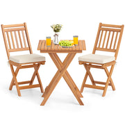 KOTEK Outdoor Folding Bistro Set, 3 Pieces Acacia Wood Bistro Set with Soft Cushions, Patio Bistro Table and Chairs for Backyard, Porch, Poolside (Vertical Slats)