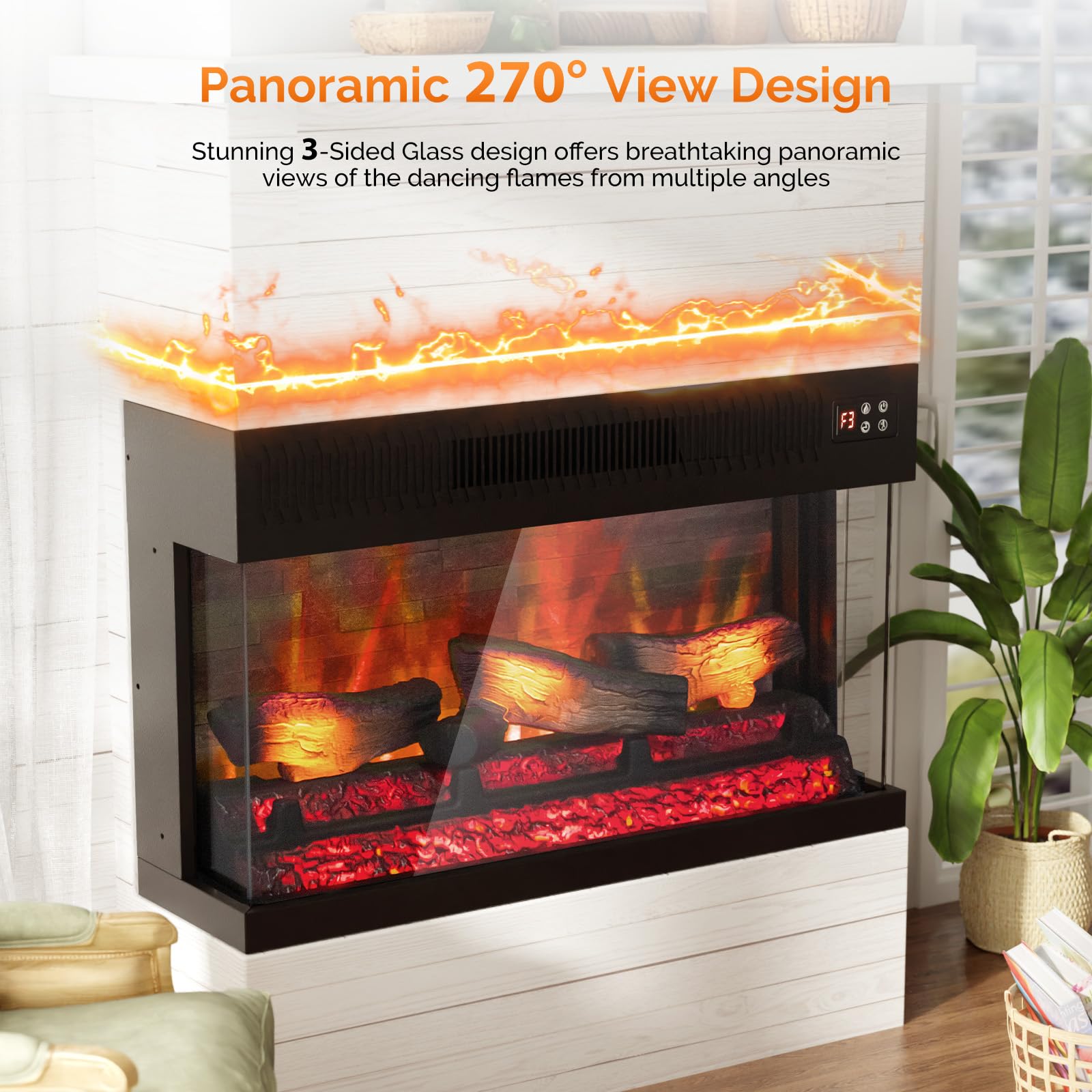 3-Sided Glass Recessed Electric Fireplace Insert with Remote & Timer