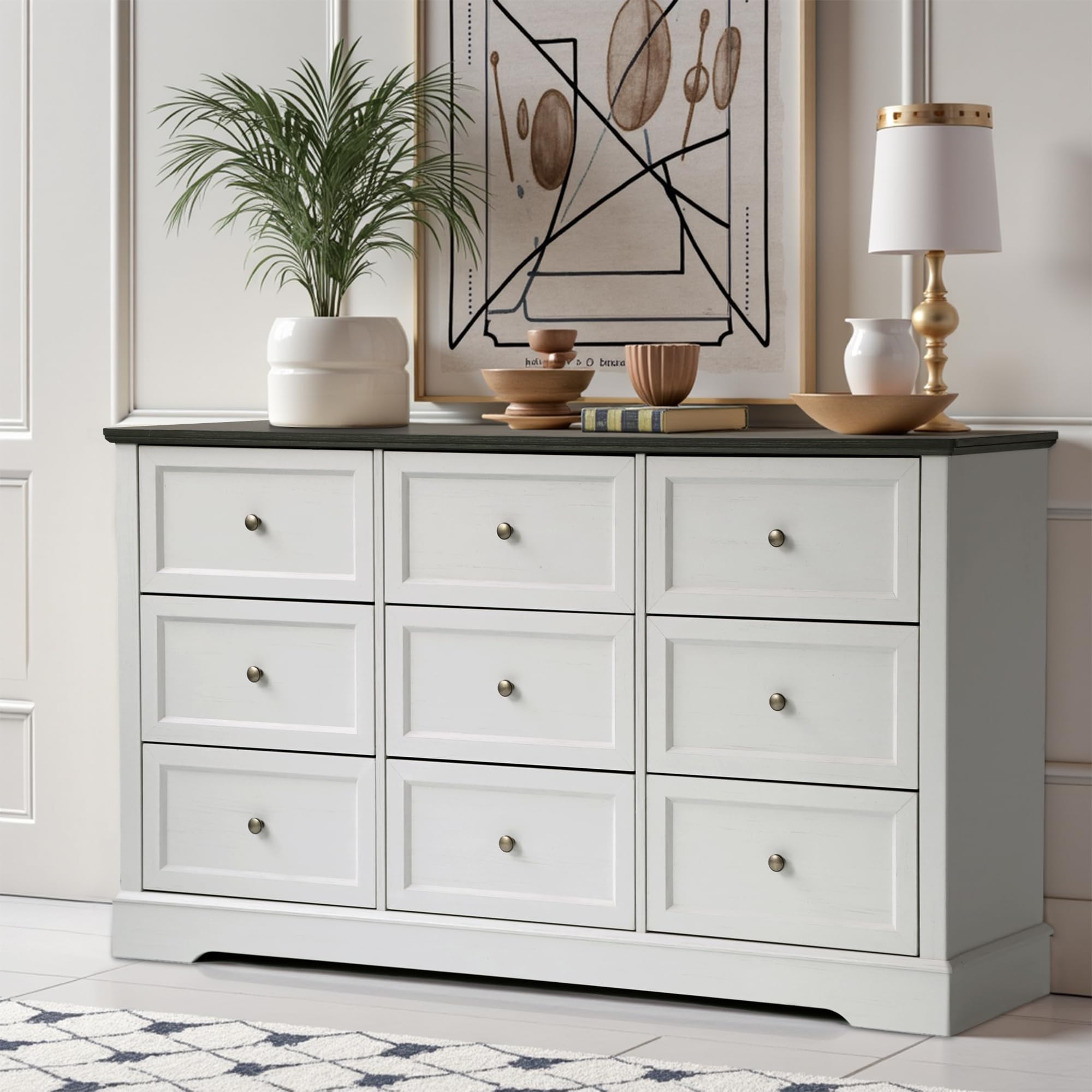 LOUVIXA Farmhouse Bedroom Sets of 4, 4Pcs Farmhouse Dresser Set，Including 9 Drawer Dresser, 5 Drawer Dressers and Nightstand Set of 2 with Charging Station (White Sets, 4 Pieces)