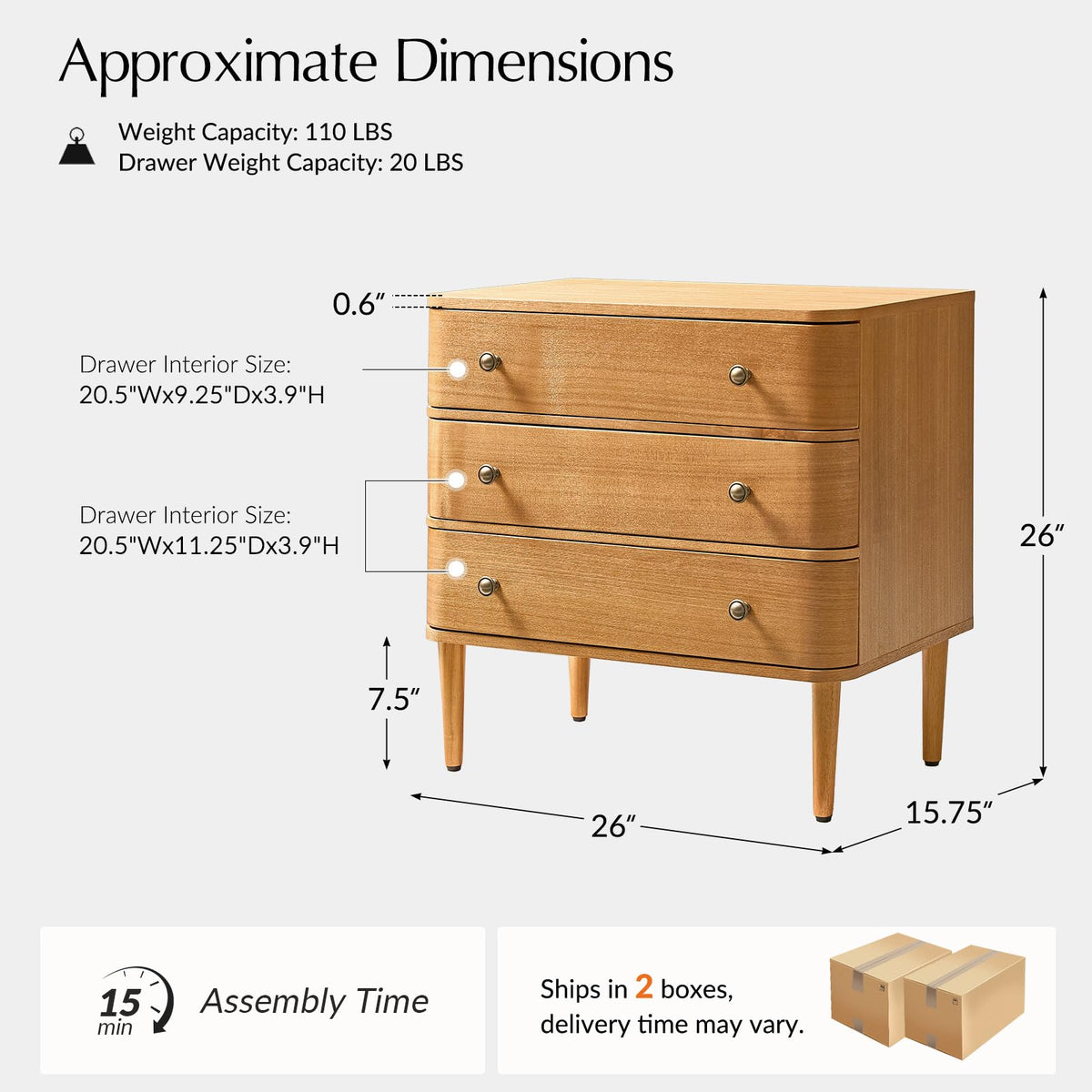 HULALA HOME 3 Drawer End Table with Charge Station, Set of 2, Oak