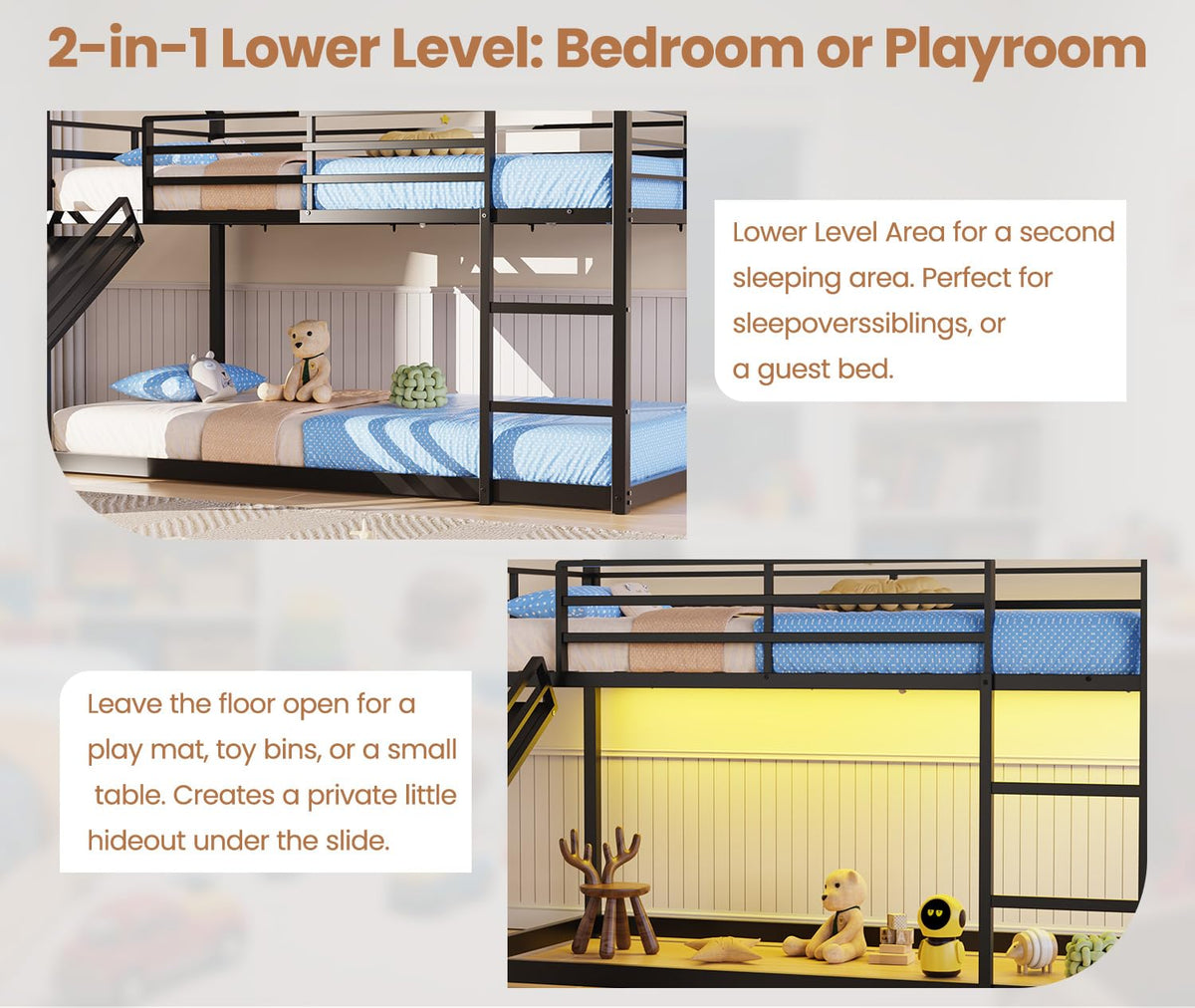 Twin Bunk Bed with Slide & LED Lights