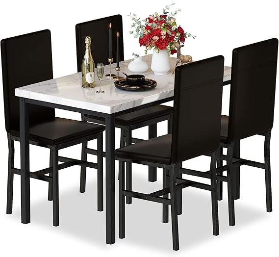 5-Piece Faux Marble Dining Table Set with PU Leather Chairs