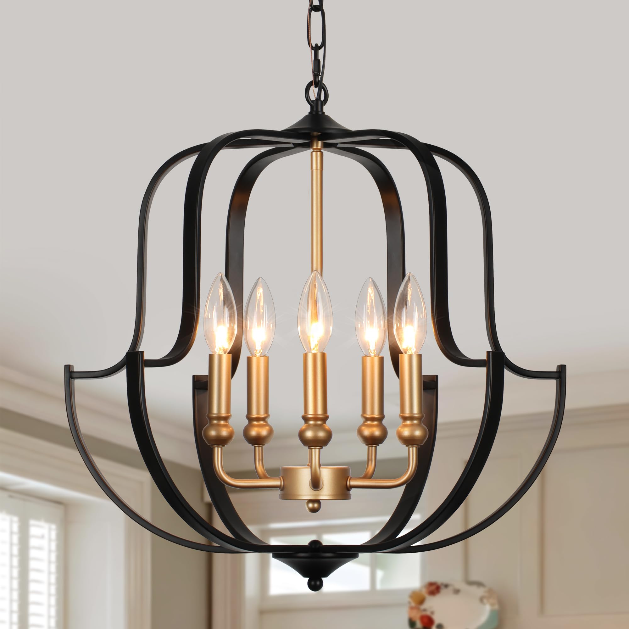 QMNHAU 19" Black and Gold Chandelier for Dining Room, 5-Light Rustic Farmhouse Chandeliers Modern Industrial Hanging Pendant Light for Kitchen Entryway Hallway Foyer Living Room