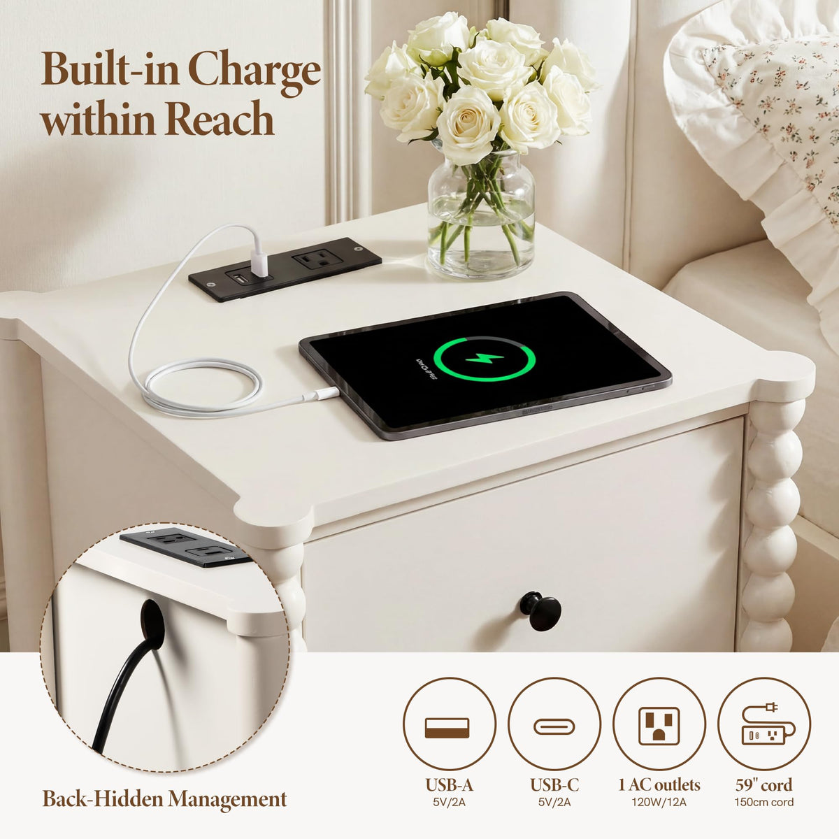 Afuly White Nightstand with Charging Station &Drawers Vintage Bedside Table