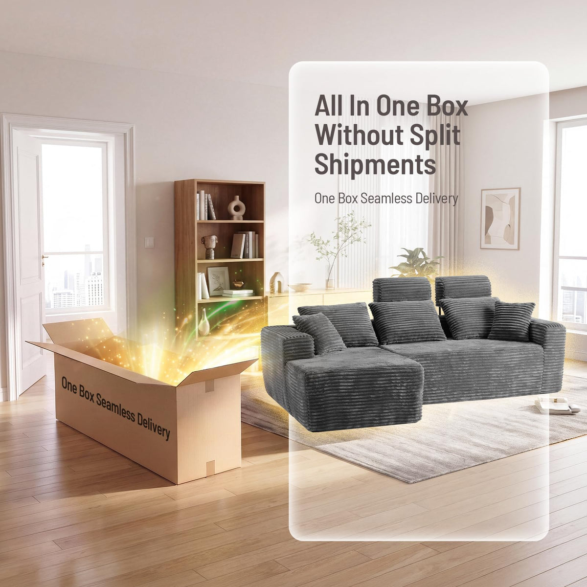 96" Boneless Couch, High Back Support L Shaped Oversized Living Room Sofa
