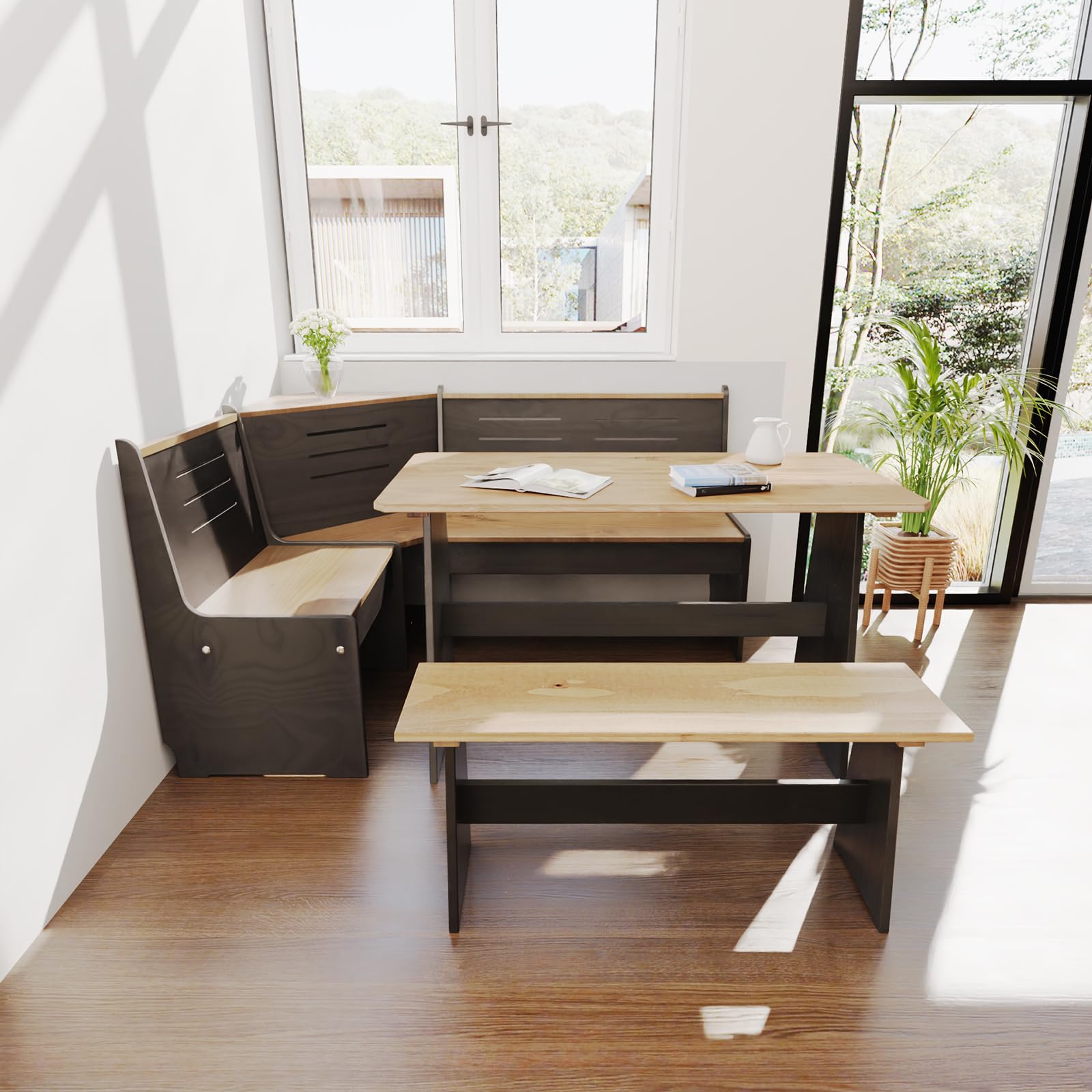 Gracava Breakfast Nook Table Set - L Shaped Corner Solid Wood Kitchen Dining Table with Bench Space Saving Seats 4-6 for Apartment 丨 Black