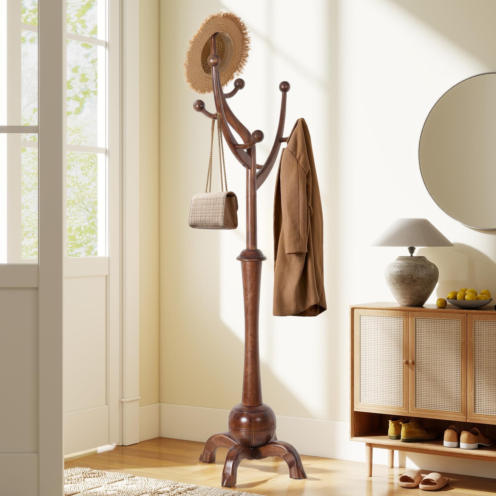 Freestanding Wooden Coat Rack with 8 Hooks