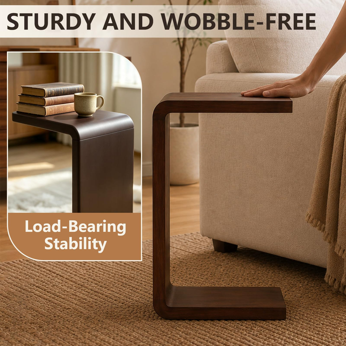 YIRCELOM Wooden C Shaped End Table, Couch Table, 24in W Walnut