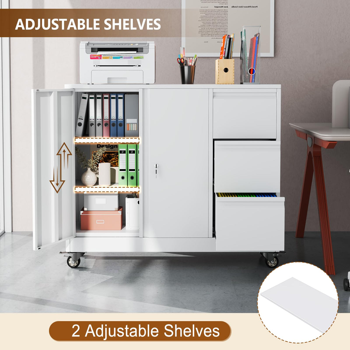 White 3-Drawer Rolling File Cabinet