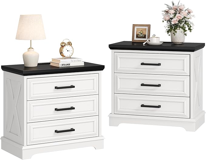 3-Drawer Farmhouse Nightstand with Charging Station