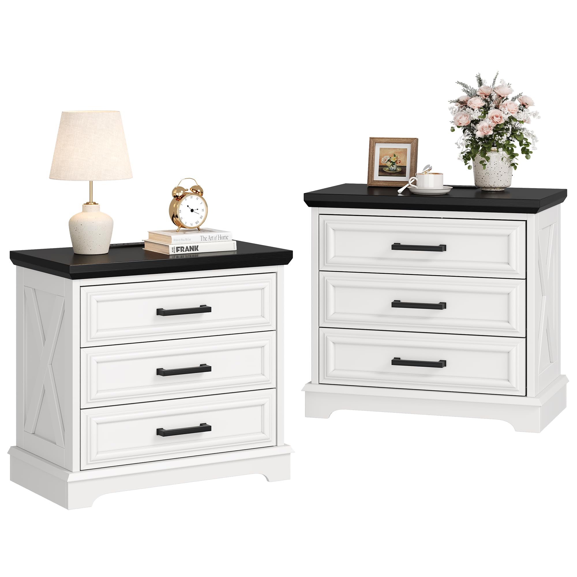 knoworld 24 Inch Wide Farmhouse Nightstands Set of 2 with Charging Station, White Nightstand with 3 Large Drawers, Rustic Wood End Table for Bedroom