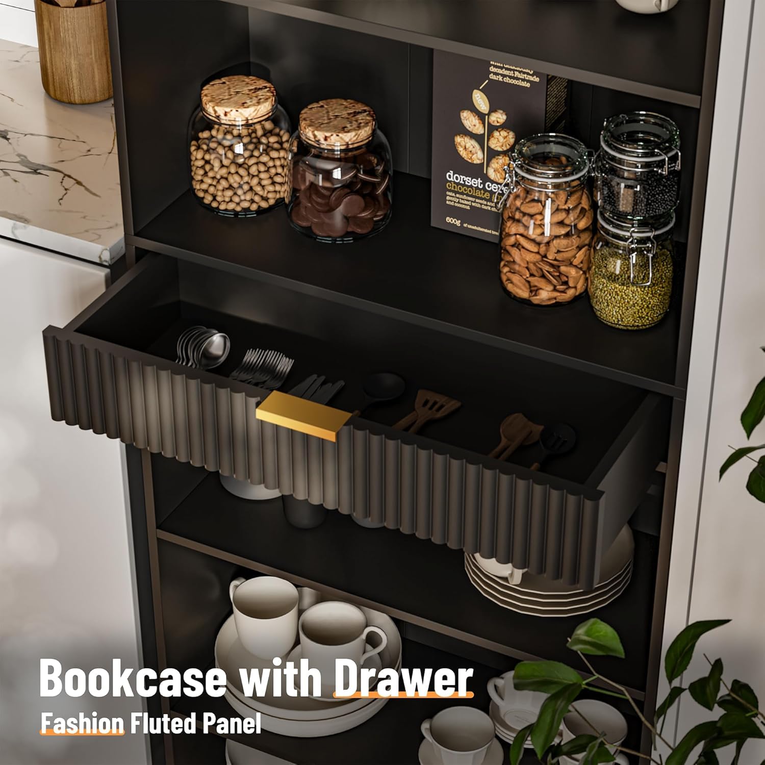 INNOD 7-Tier Bookshelf with Storage, 72" Tall Bookcase with Drawer, Display Book Shelf Book Organizer with Anti-tip Device, Home Decor Wood Furniture for Office, Bedroom, Living Room, Black
