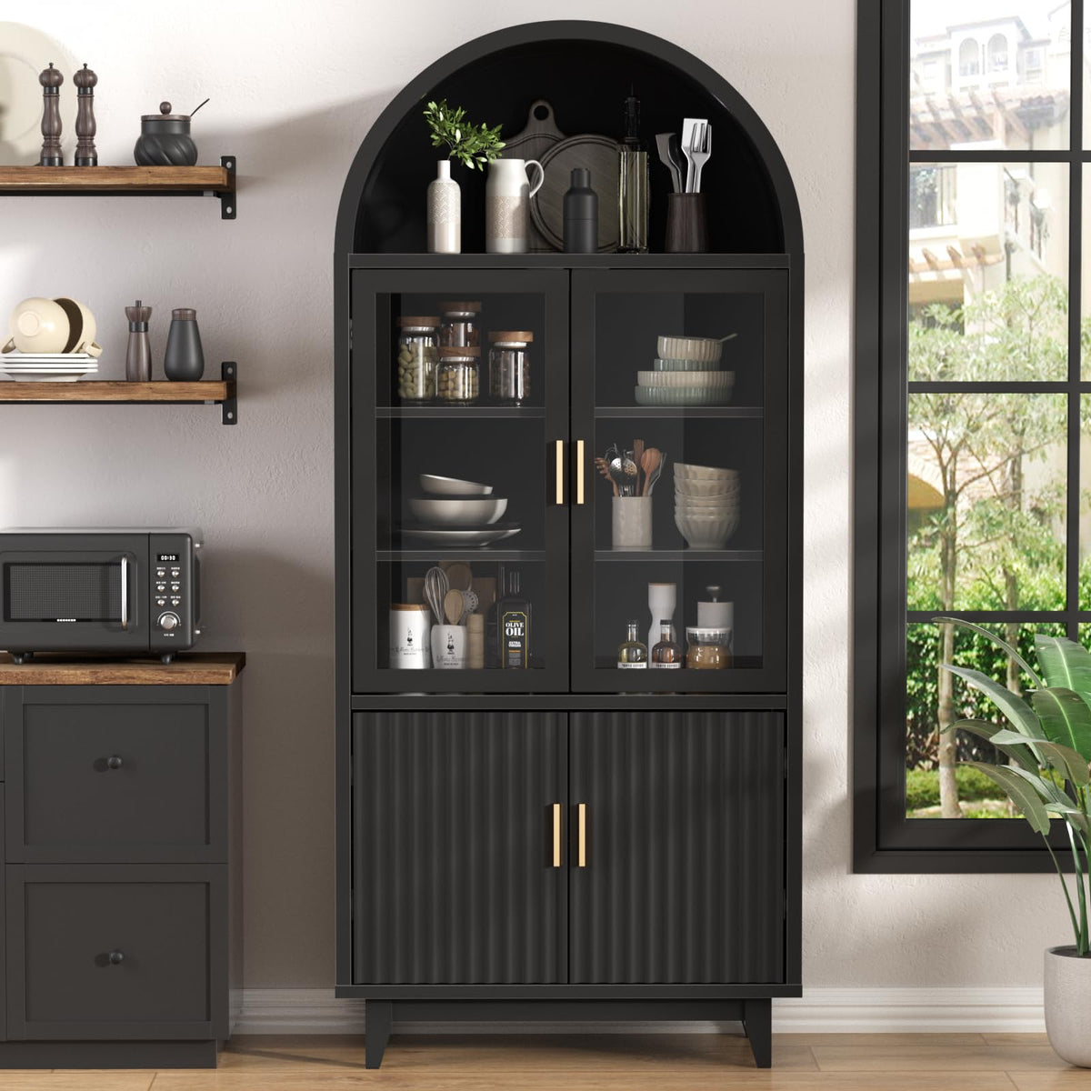 FiveWillowise Kitchen Pantry Cabinet with Glass Doors, Arched Design, Black