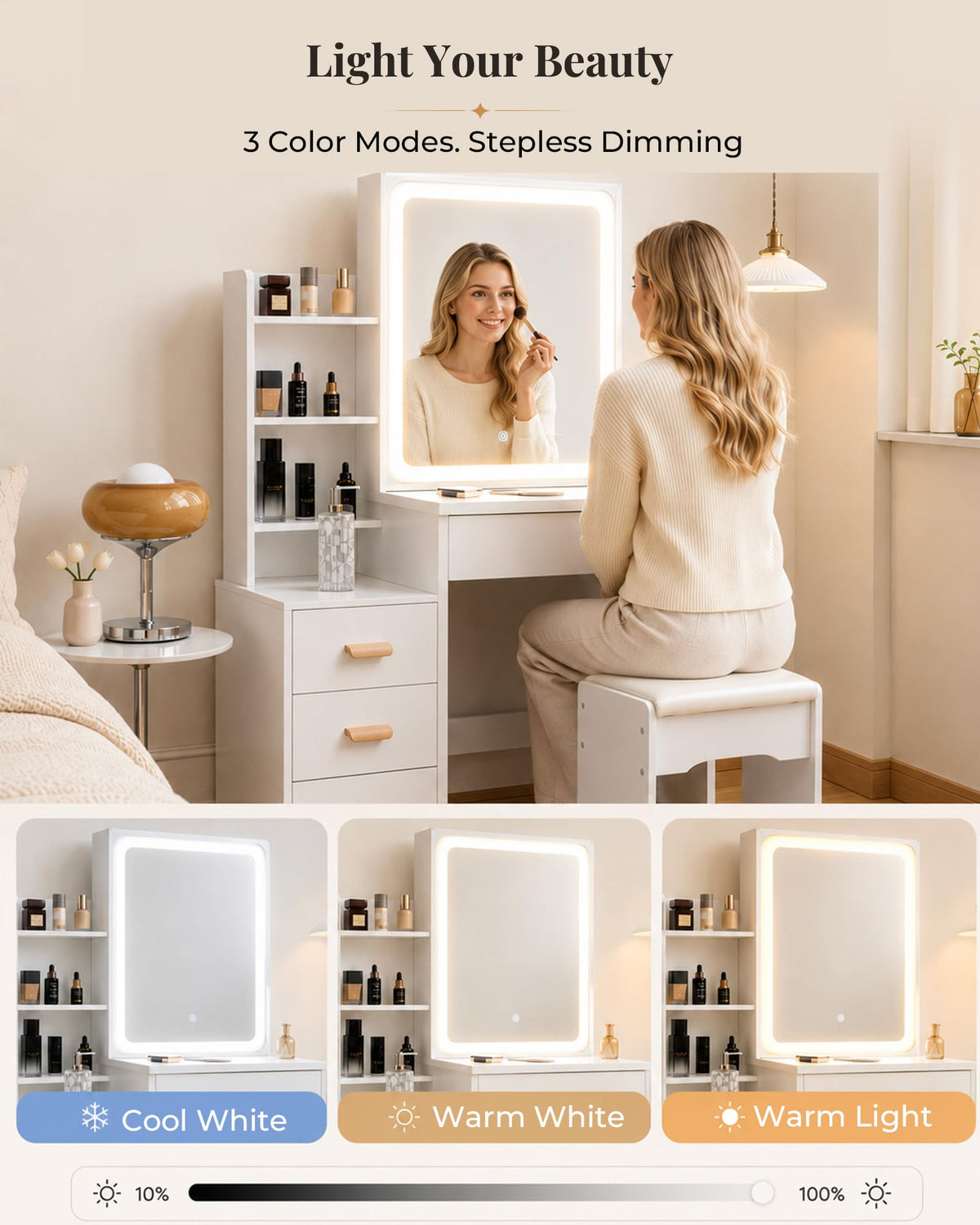 Compact LED Makeup Vanity with Stool