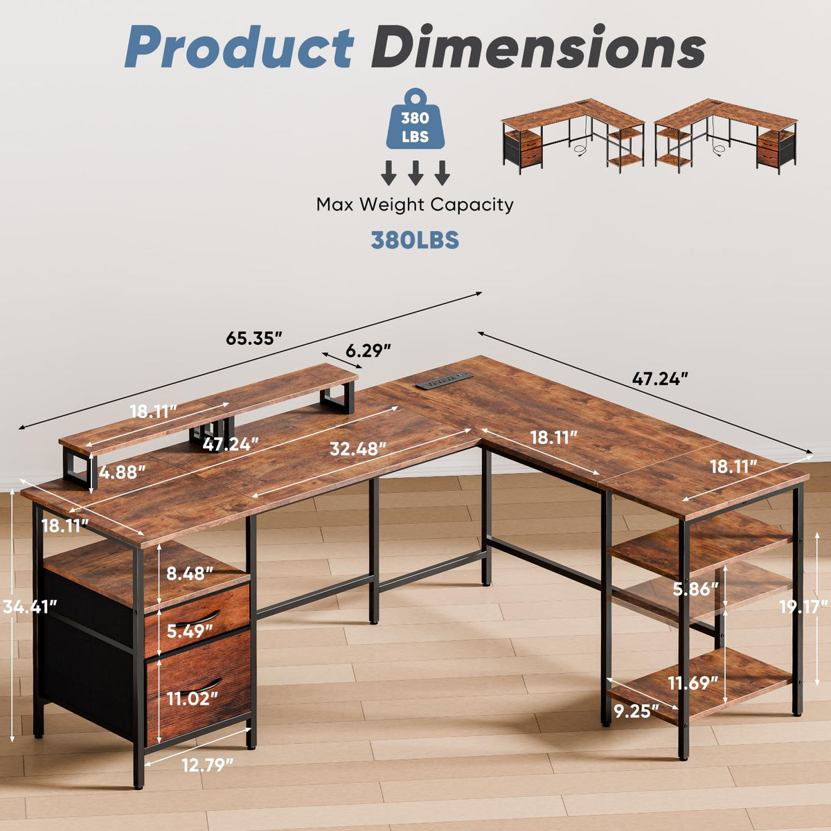 Reversible L-Shaped Desk with Power Outlets