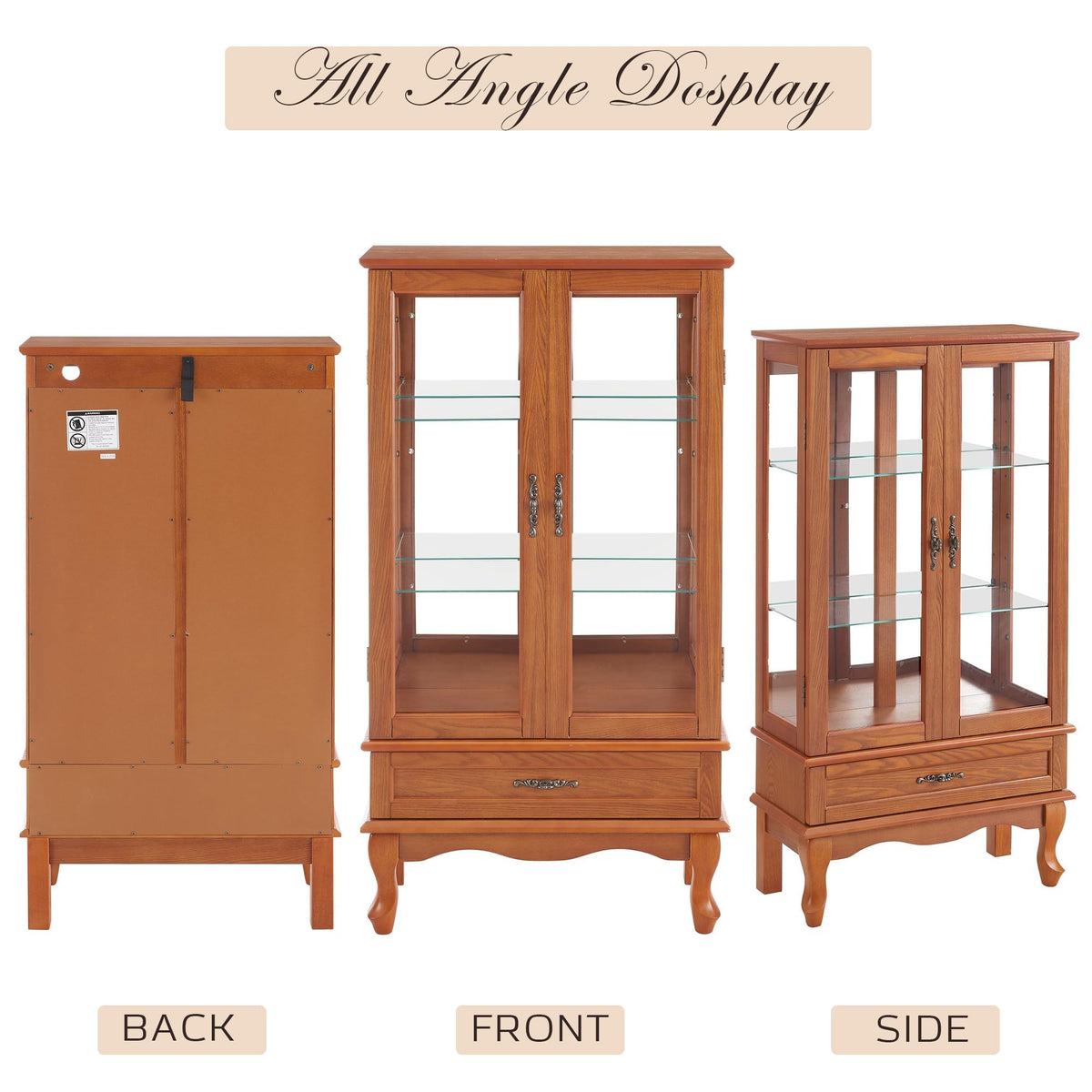 52" Lighted Accent Curio Cabinet, 3-Tier Antique Storage Cabinet with Tempered Glass Adjustable Shelves & Drawer, Acrylic Pane, Light Bulb Included, China Display Case for Living Room (Dark Oak)