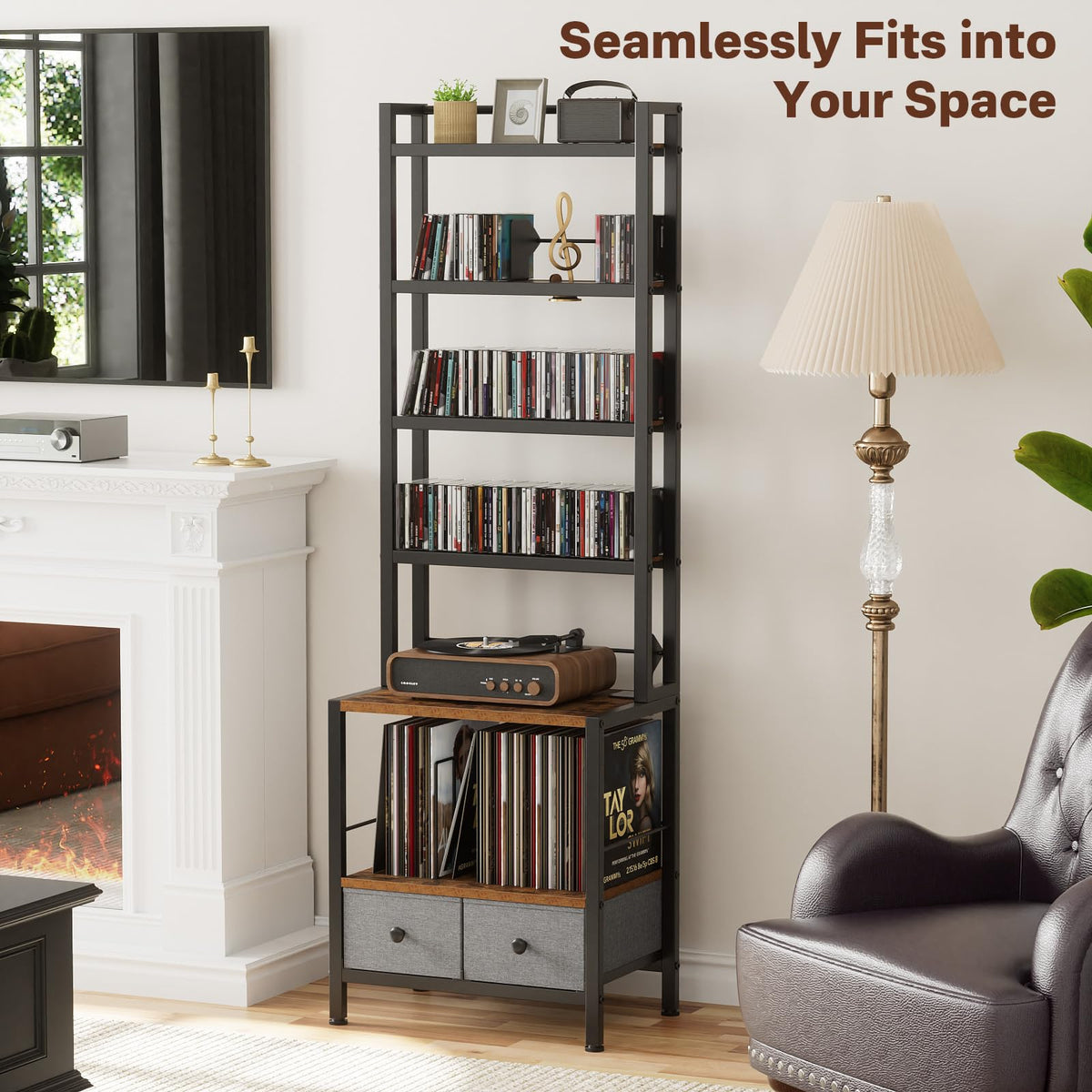Epouseter 6-Tier DVD Shelf, Vinyl Record Storage Rack with Drawers