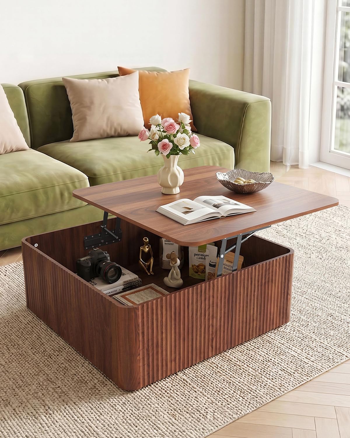 ASDHVCCO Lift Top Coffee Table, Farmhouse Square Fluted Center Table, 31.5" Modern Wooden Tea Table with Hidden Storage LED for Living Room, Apartment, Small Spaces, Walnut