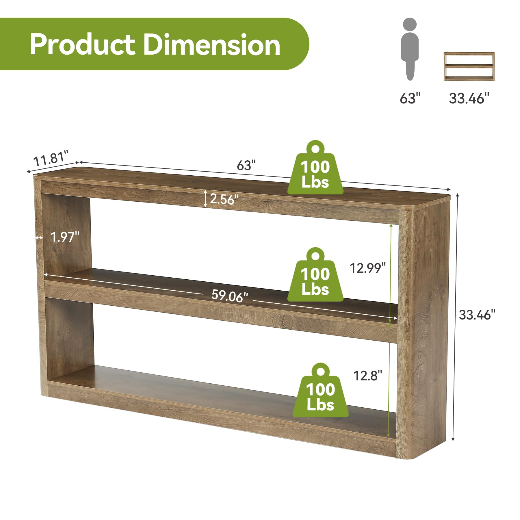 LITTLE TREE 63-Inches Console Table, Modern Sofa Table with 3 Storage Shelves, Narrow Entryway Furniture Living Room, Entrance, Hallway, Foyer, Brown