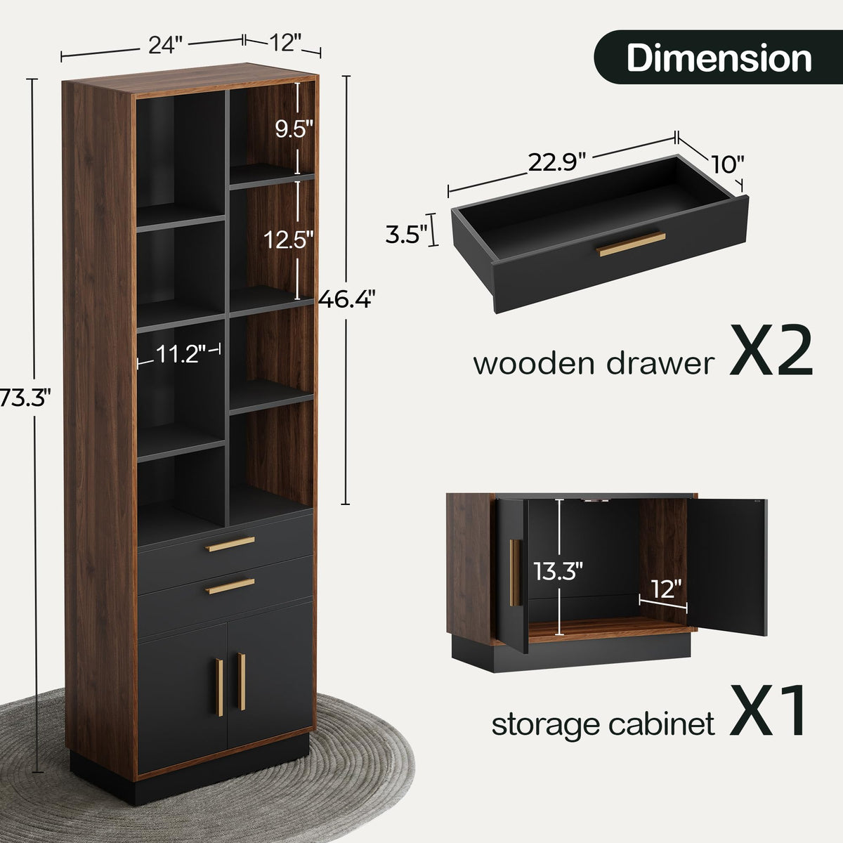 ModernMate 73.3" Bookcase with 2 Drawers and Doors, 8 Storage Cubes